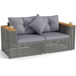 Gymax - Set of 2 Patio Corner Sofa Set w/Thick Cushions Wide Acacia Wood Armrests for Garden - Gray