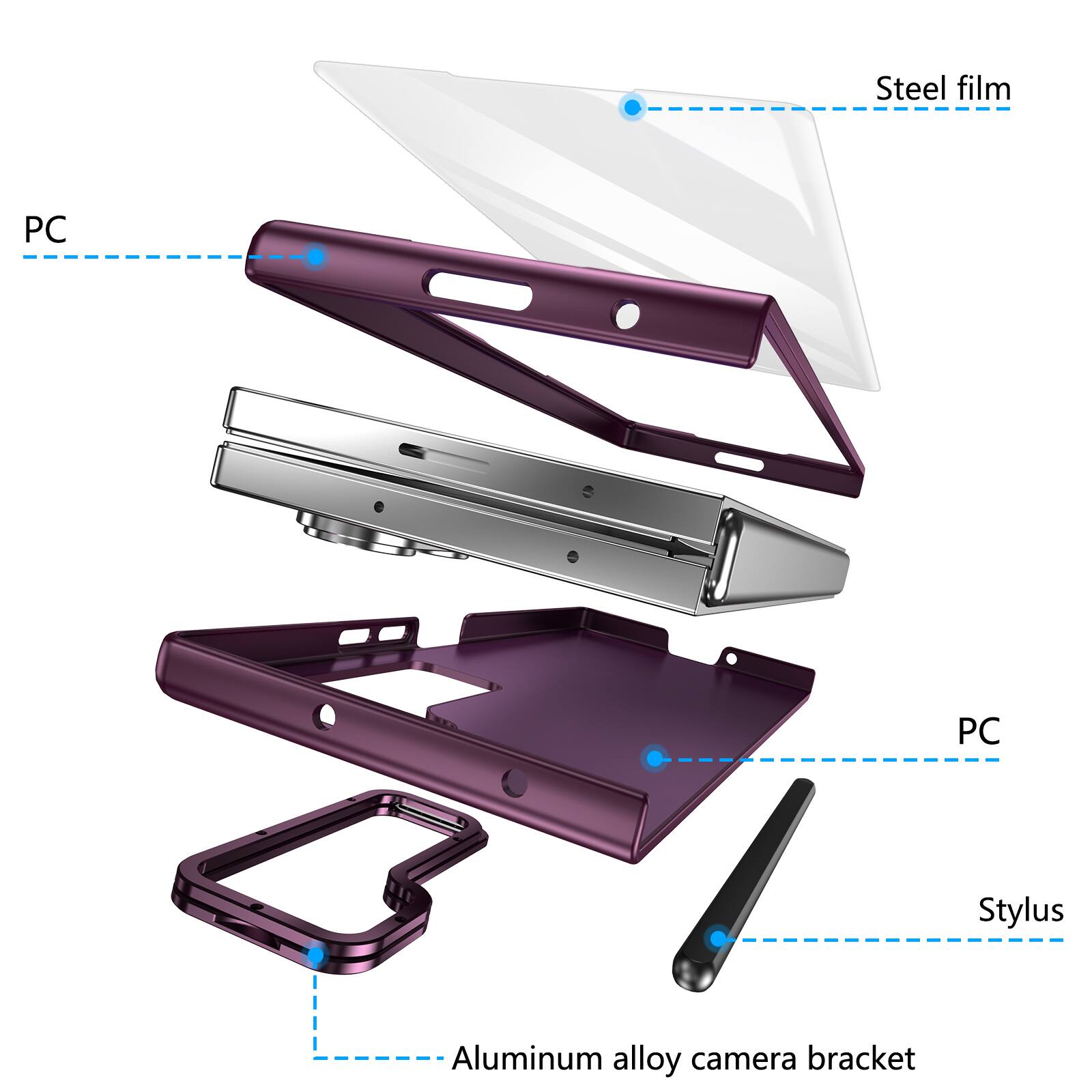 Steel film  
PC  
Stylus  
Aluminum alloy camera bracket