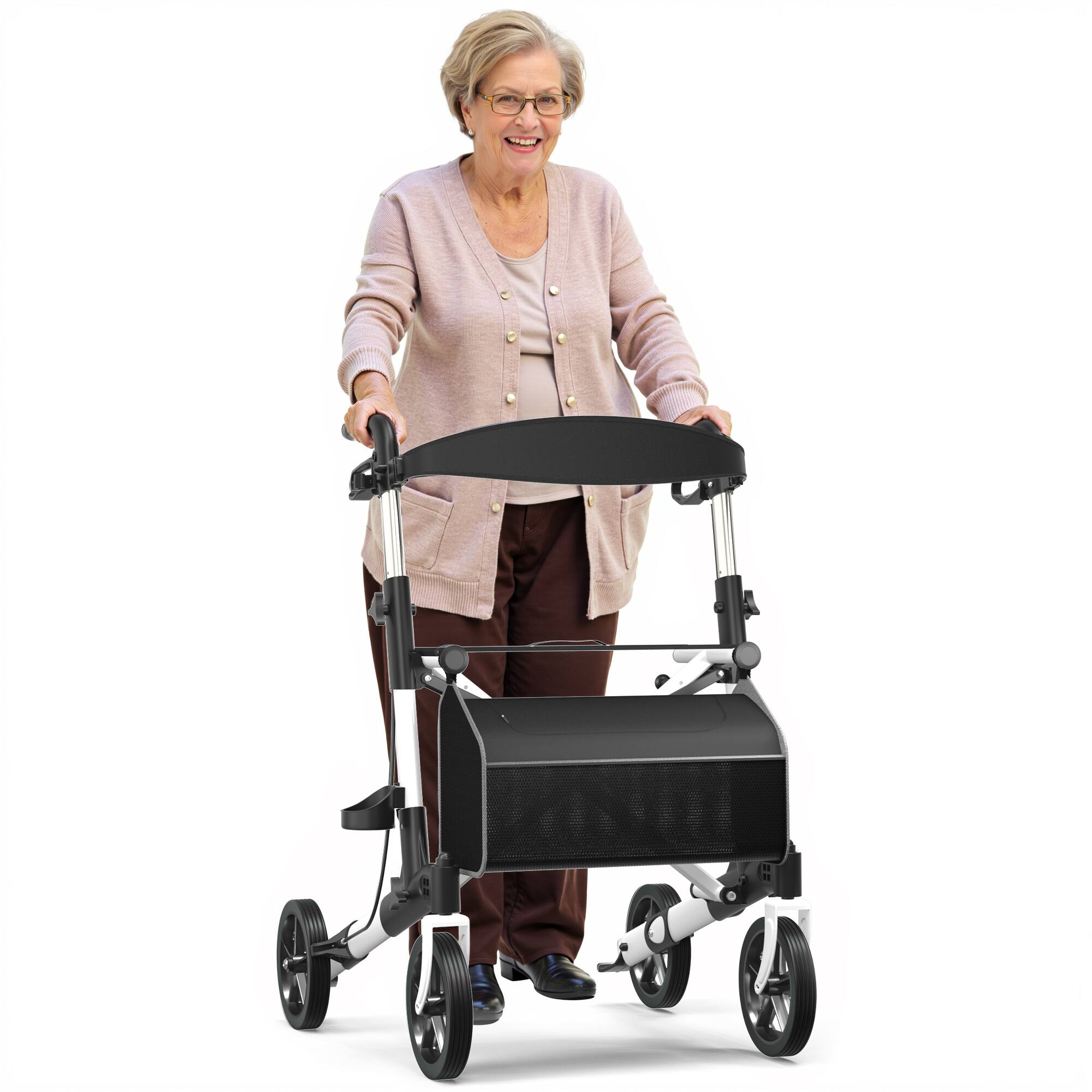 Alt View 4. KERDOM - 18 lbs Portable Rollator Walker with Storage Bag, Braking Lock, Adjustable Handle for Senior Outdoor Use All Terrain - White.