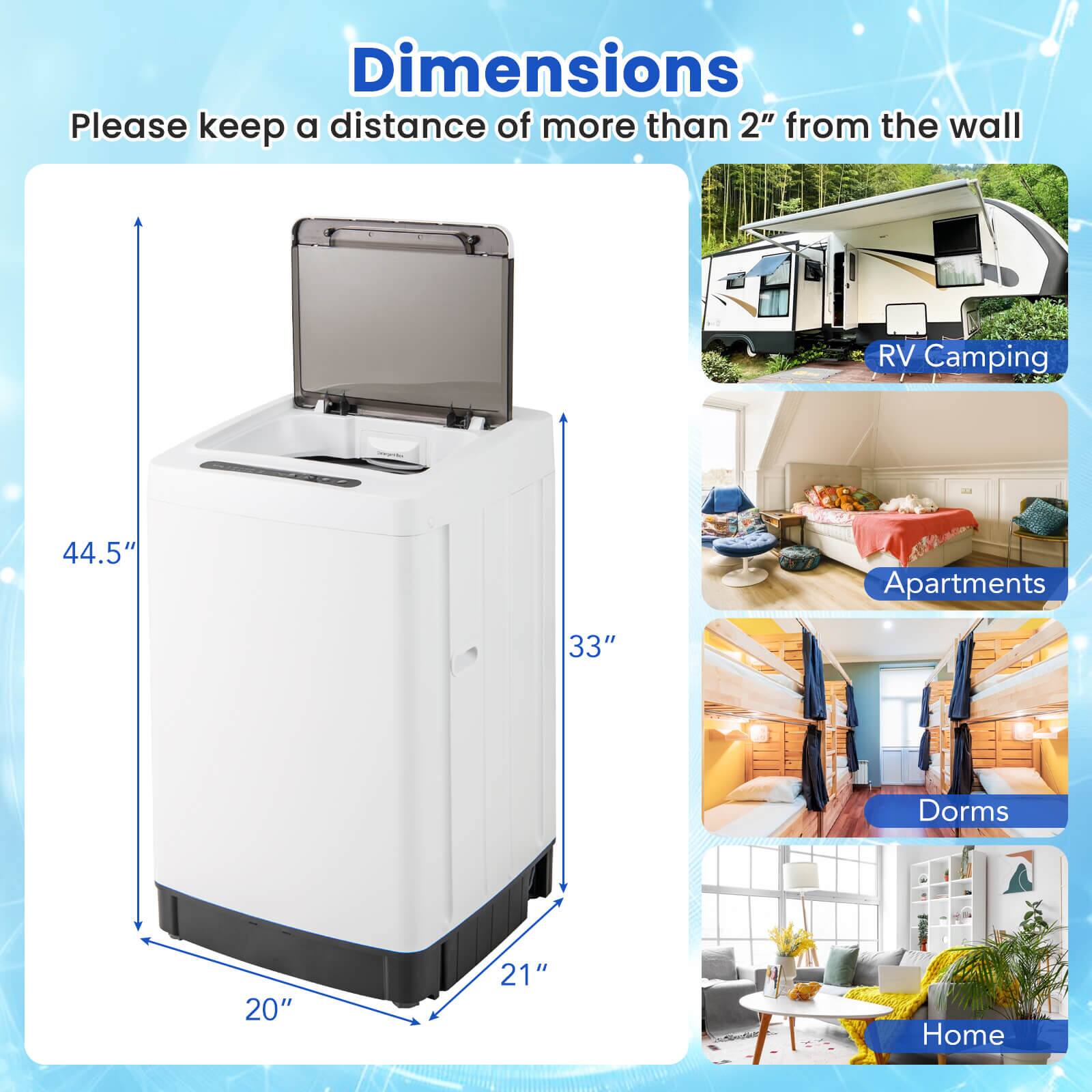 Dimensions  
Please keep a distance of more than 2" from the wall  

RV Camping  
44.5"  

Apartments  
33"  

Dorms  
20"  

Home  
21"