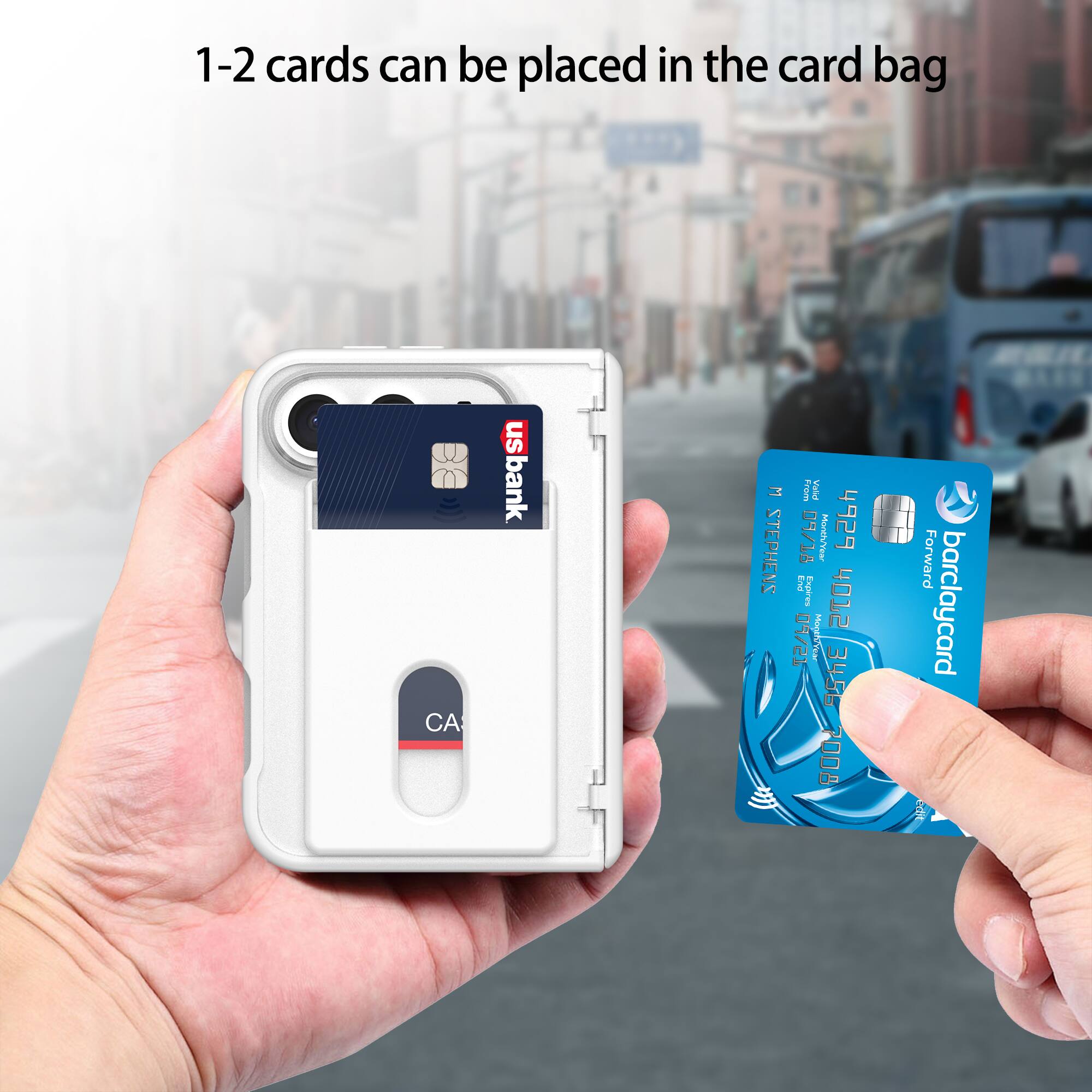 1-2 cards can be placed in the card bag

US bank

W STEPHENS

From Valid 09/18 Month/Year 4929 End Expires 09/21 Month/Year 4012 3456 7008

Forward barclaycard