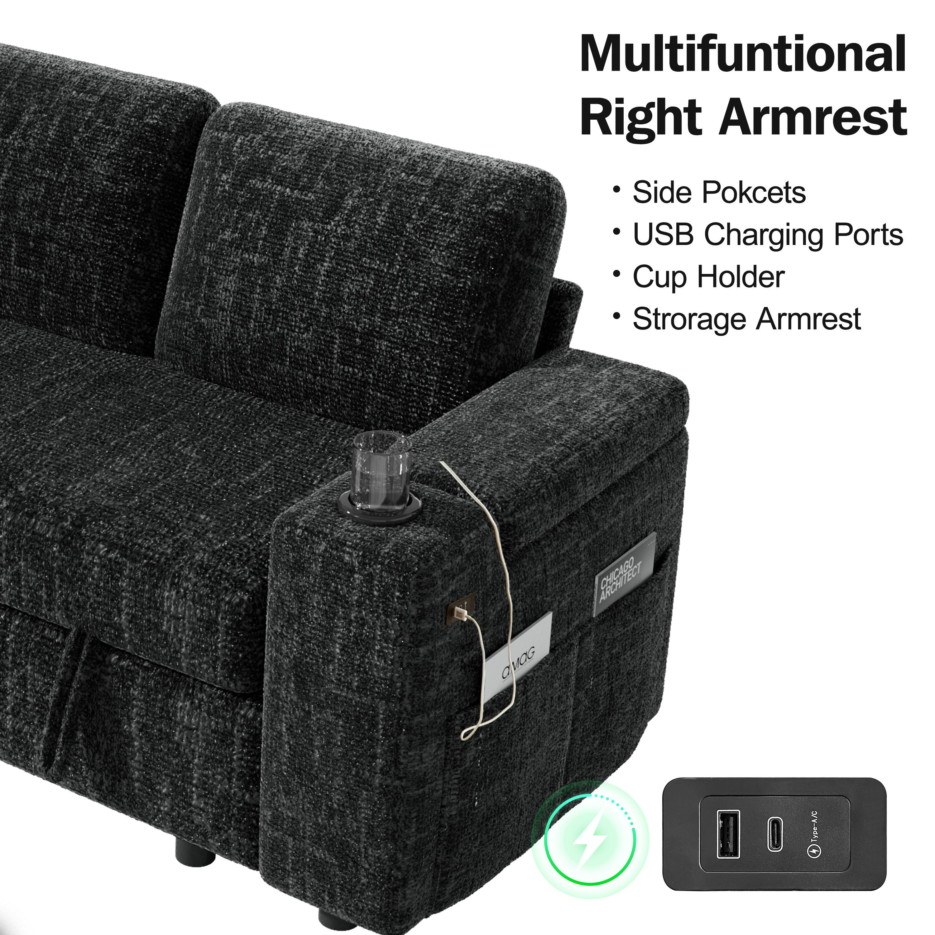 Multifunctional Right Armrest
- Side Pockets
- USB Charging Ports
- Cup Holder
- Storage Armrest

QMOG

Type-A/C