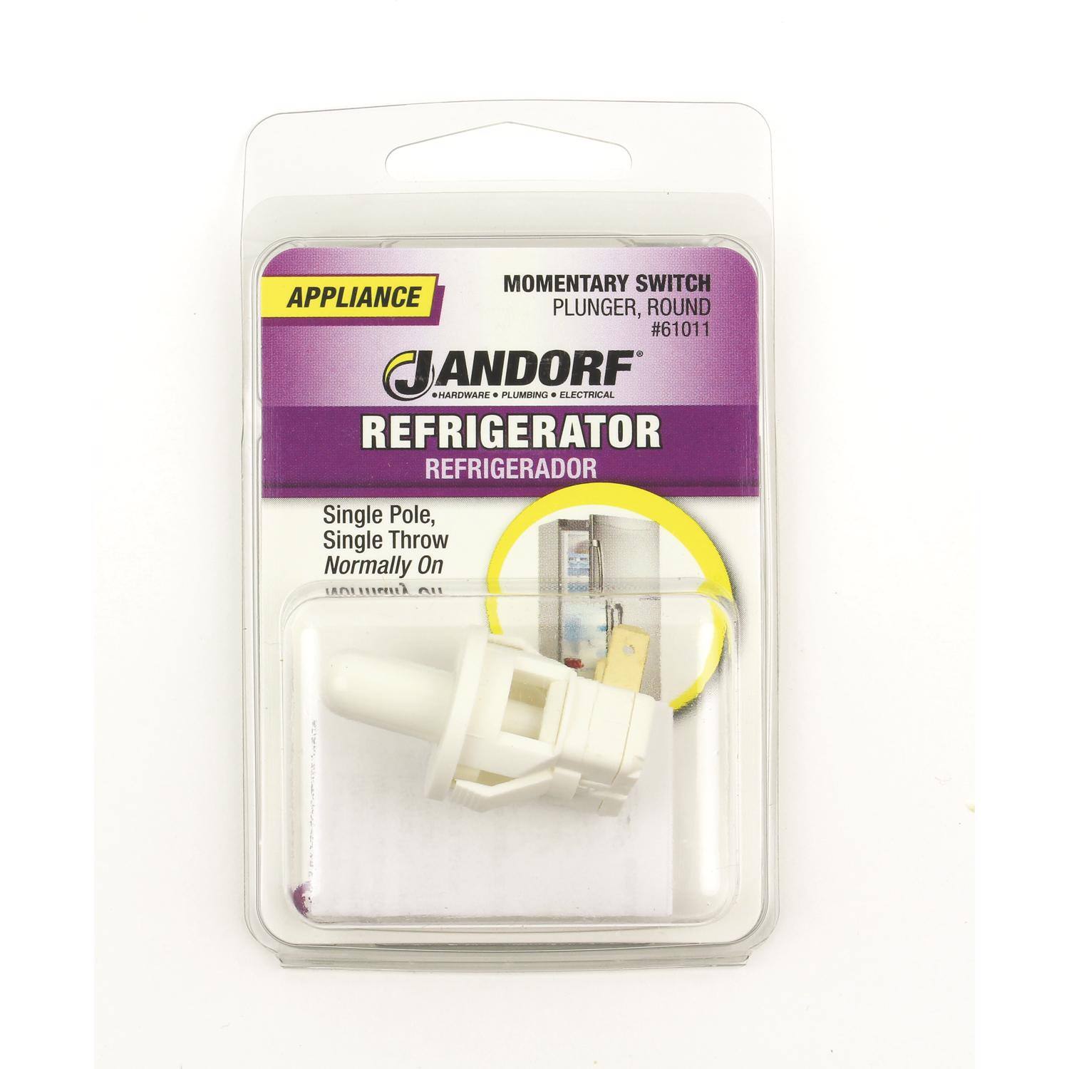 MOMENTARY SWITCH PLUNGER, ROUND  
#61011  
ANDORF HARDWARE PLUMBING ELECTRICAL  
REFRIGERATOR  
REFRIGERADOR  
Single Pole, Single Throw Normally On
