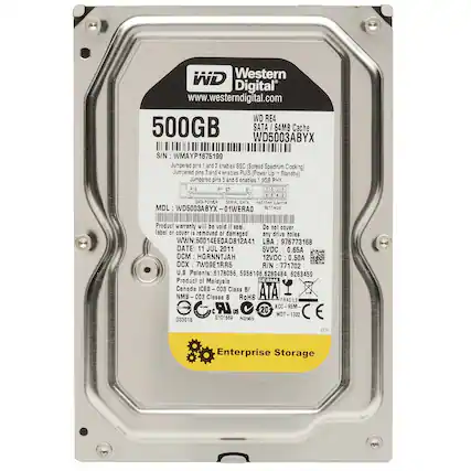 WD Western Digital
www.westerndigital.com
WD RE4
500GB
WD5003ABYX
SATA I / 64MB Cache
S/N: WMAYP1675199
Jumpered pins 1 and 2 enable SSC (Spread Spectrum Clocking)
Jumpered pins 3 and 4 enable PUIS (Power Up In Standby)
Jumpered pins 5 and 6 enable 1.5GB PHY
MDL: WD5003ABYX-01WERAO
S/N: WMAYP1675199
Product warranty will be void if seal or cover label or cover is removed or damaged. Do not cover any drive holes.
WWN: 50014EE0AD812A41
LBA: 976773168
DATE: 11 JUL 2011
5VDC: 0.65A DCM: HGRNNTJAH
12VDC: 0.50A DCX: 7W09E1RR5
R/N: