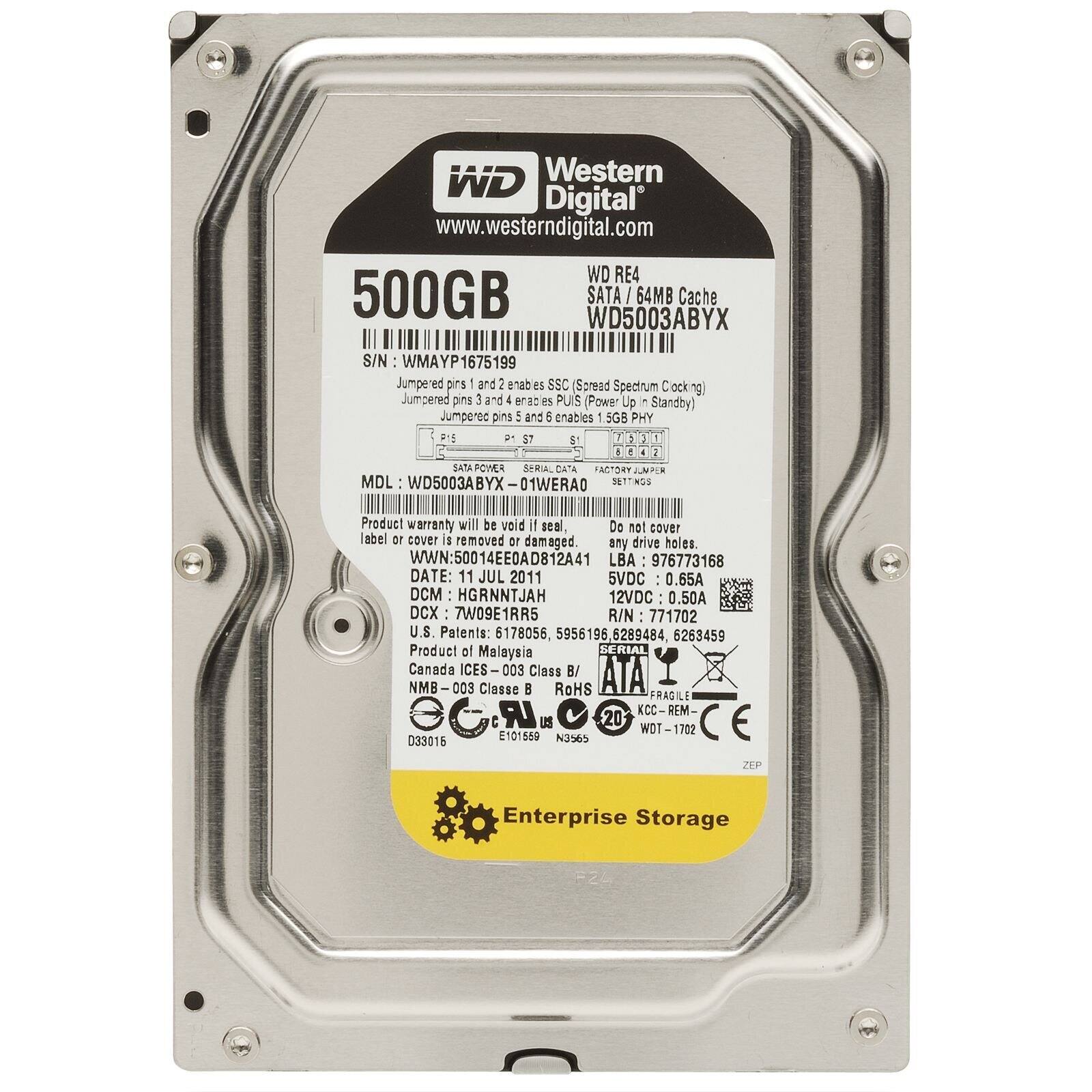 WD Western Digital  
www.westerndigital.com  

WD RE4  
500GB  
WD5003ABYX  
SATA I / 64MB Cache  
S/N: WMAYP1675199  

Jumpered pins 1 and 2 enable SSC (Spread Spectrum Clocking)  
Jumpered pins 3 and 4 enable PUIS (Power Up In Standby)  
Jumpered pins 5 and 6 enable 1.5GB PHY  

MDL: WD5003ABYX-01WERAO  
S/N: WMAYP1675199  

Product warranty will be void if seal or cover label or cover is removed or damaged. Do not cover any drive holes.  

WWN: 50014EE0AD812A41  
LBA: 976773168  
DATE: 11 JUL 2011  
5VDC: 0.65A DCM: HGRNNTJAH  
12VDC: 0.50A DCX: 7W09E1RR5  
R/N: