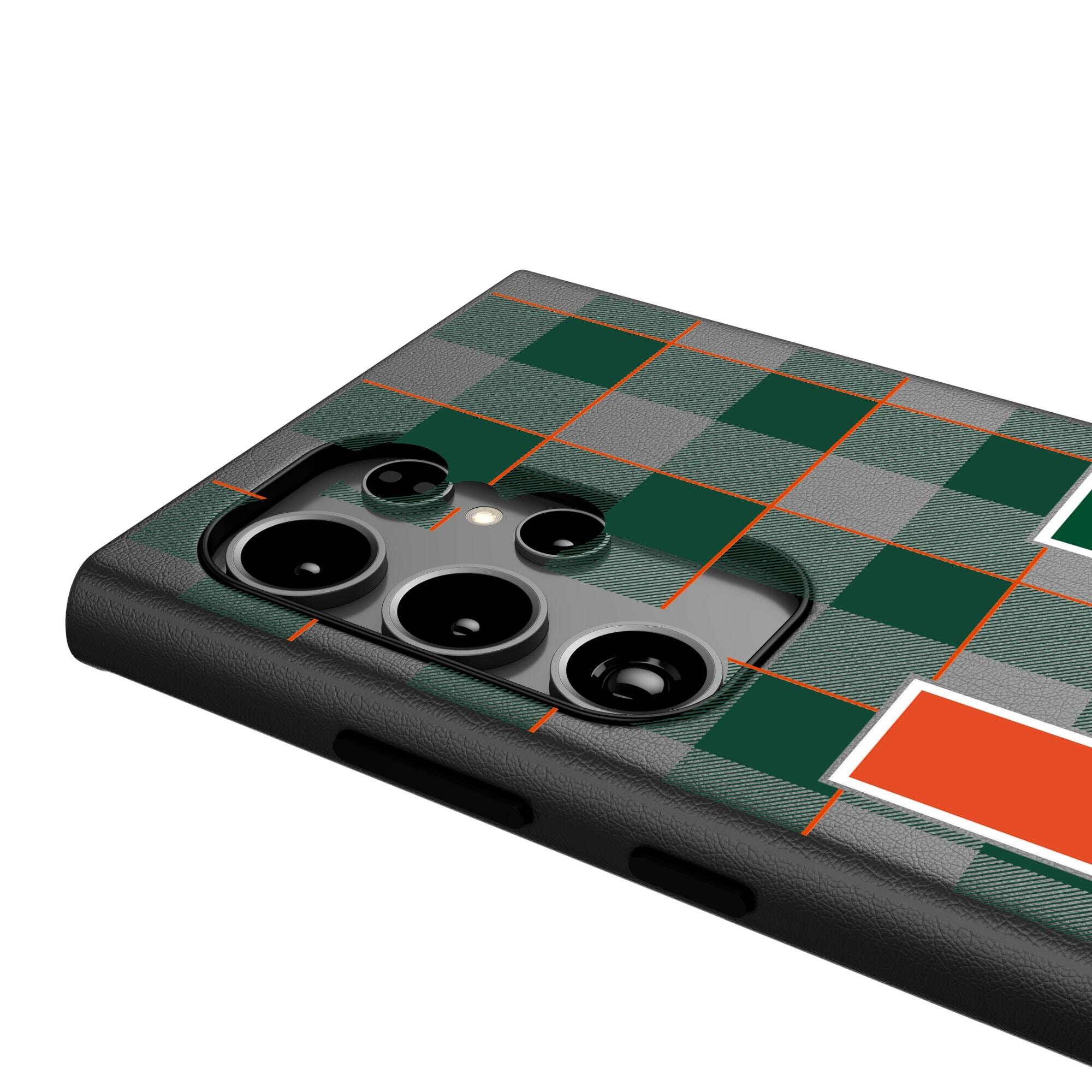 Alt View 3. Keyscaper - Miami Hurricanes Plaid Galaxy Magnetic Bump Case - S24 Ultra - Black.