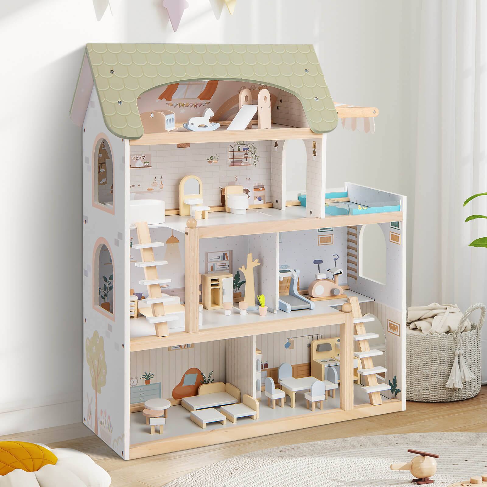 Alt View 4. Costway - Costway Kids Wooden Dollhouse 4-Story Modern Doll House with 33Pcs Furniture Accessories - Multicolour.