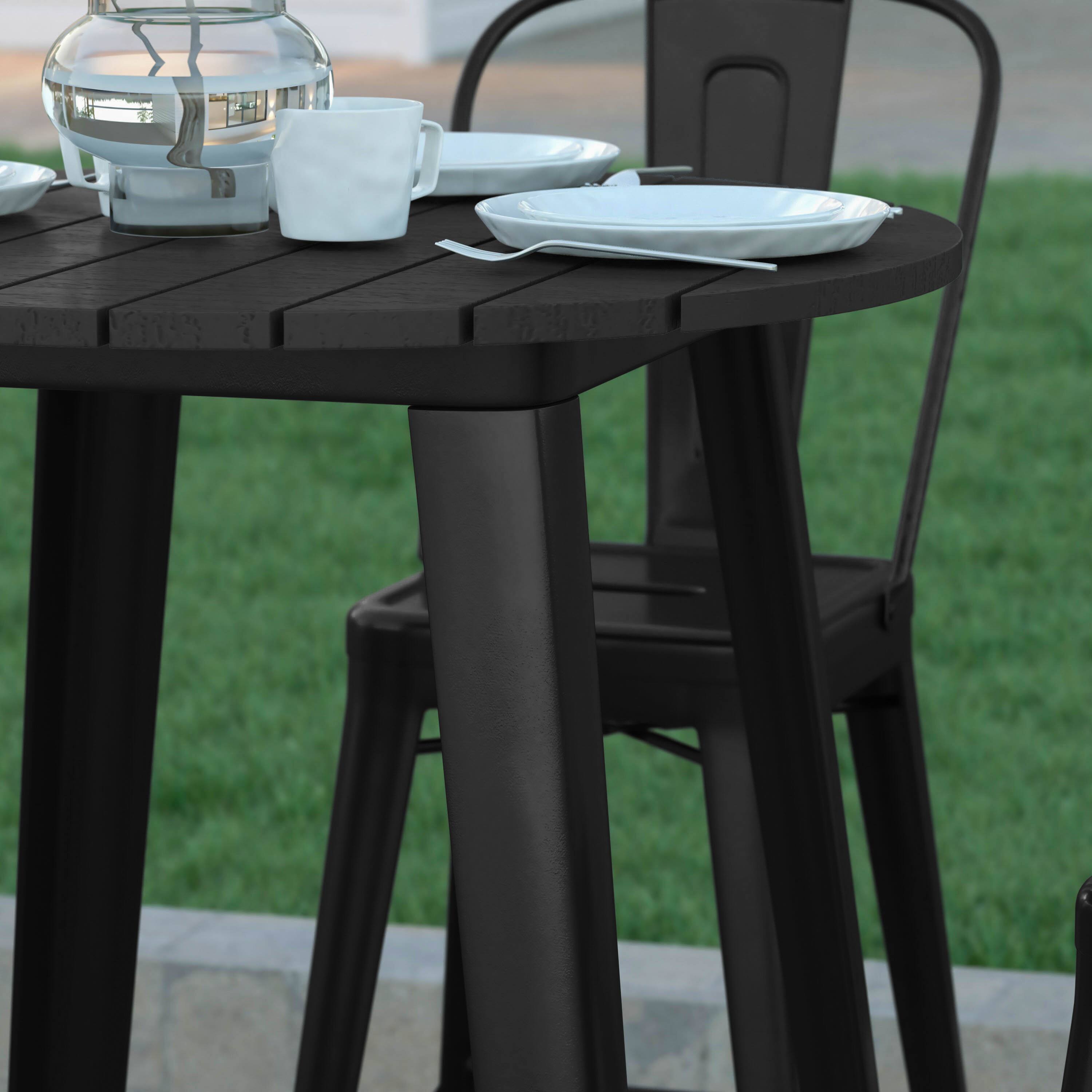 Alt View 4. Emma + Oliver - Drew Indoor/Outdoor Bar Top Table, 30" Round All Weather Poly Resin Top with Steel base - Black Top/Black Frame.