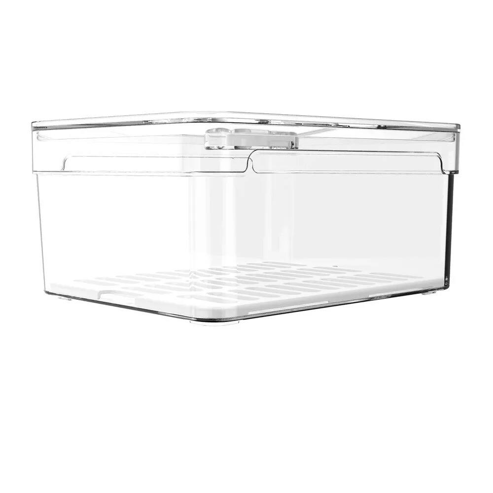 Back. OU - OU Fridge Organizer Bin with Drain Tray & Vented Lid, 2.3qt Clear Stackable Refrigerator Storage Bin - Clear.
