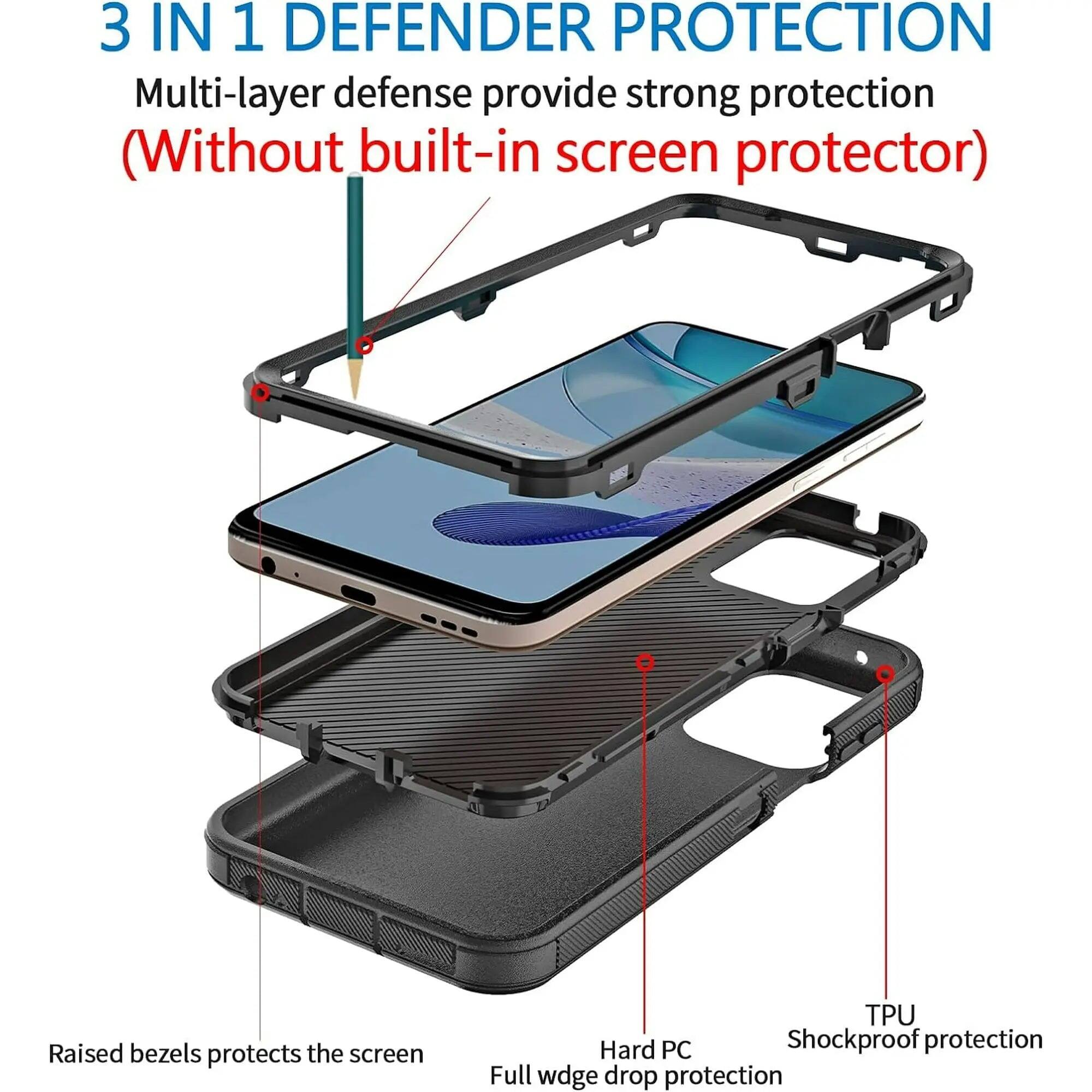 3 IN 1 DEFENDER PROTECTION  
Multi-layer defense provide strong protection (Without built-in screen protector)  
Raised bezels protects the screen  
TPU Hard PC Shockproof protection Full wedge drop protection