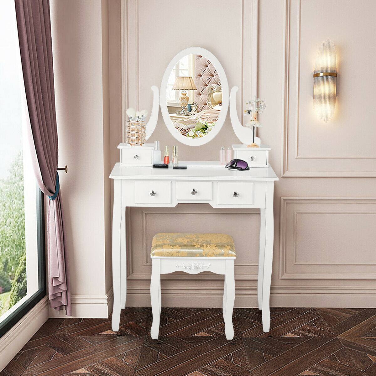 Alt View 3. Costway - Costway Vanity Table Dressing Table 5 Make Up Table Stool - White.