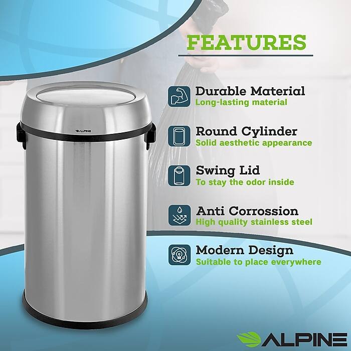 FEATURES
Durable Material
Long-lasting material
A Round Cylinder
Solid aesthetic appearance
Swing Lid
To stay the odor inside
Anti Corrosion
High quality stainless steel
Modern Design
Suitable to place everywhere
ALPINE