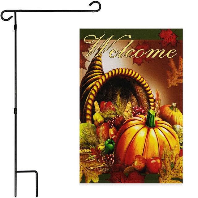 Front. G128 - Deluxe Garden Flag Set — 12x18 Welcome Cornucopia with Pumpkin & 36x16 Metal Stand. - Assorted Colors.