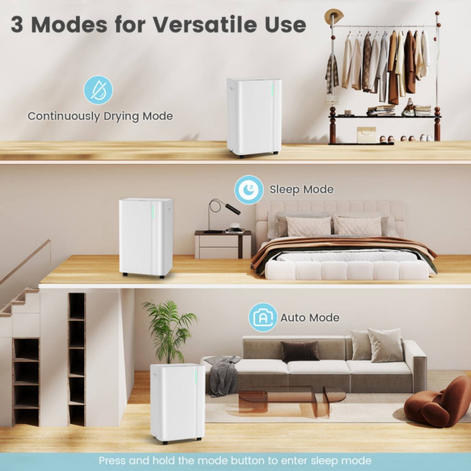 3 Modes for Versatile Use

- Continuously Drying Mode
- Sleep Mode
- Auto Mode

Press and hold the mode button to enter sleep mode