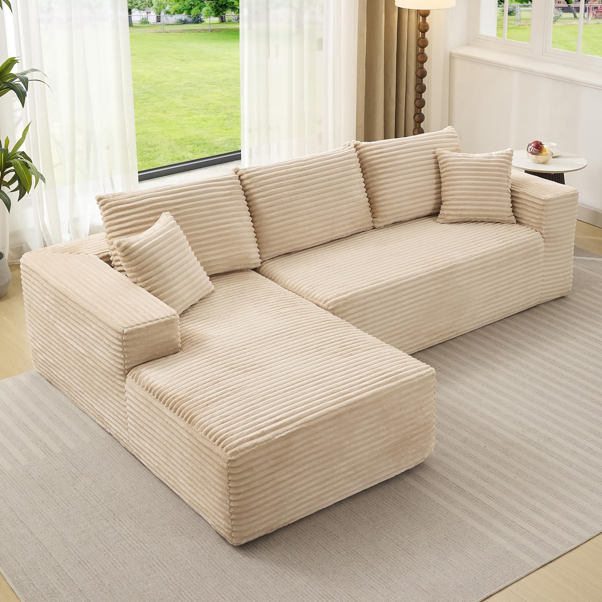 Left. Acekool - 108" Sectional Couches for Living Room, L-Shaped Plush Corduroy Fabric Upholstered Modular Sectional Couches - Beige.