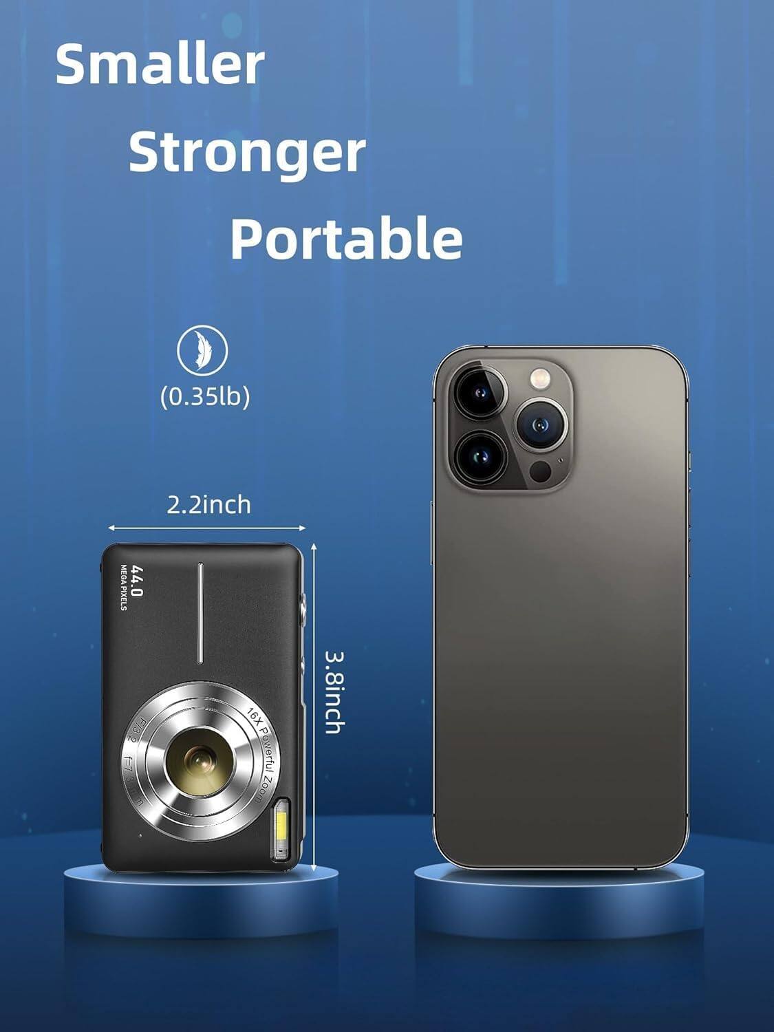 Smaller Stronger Portable (0.35lb)  
2.2inch  
44.0 MEGA PIXELS  
3.8inch  
16X Powerful Zoom