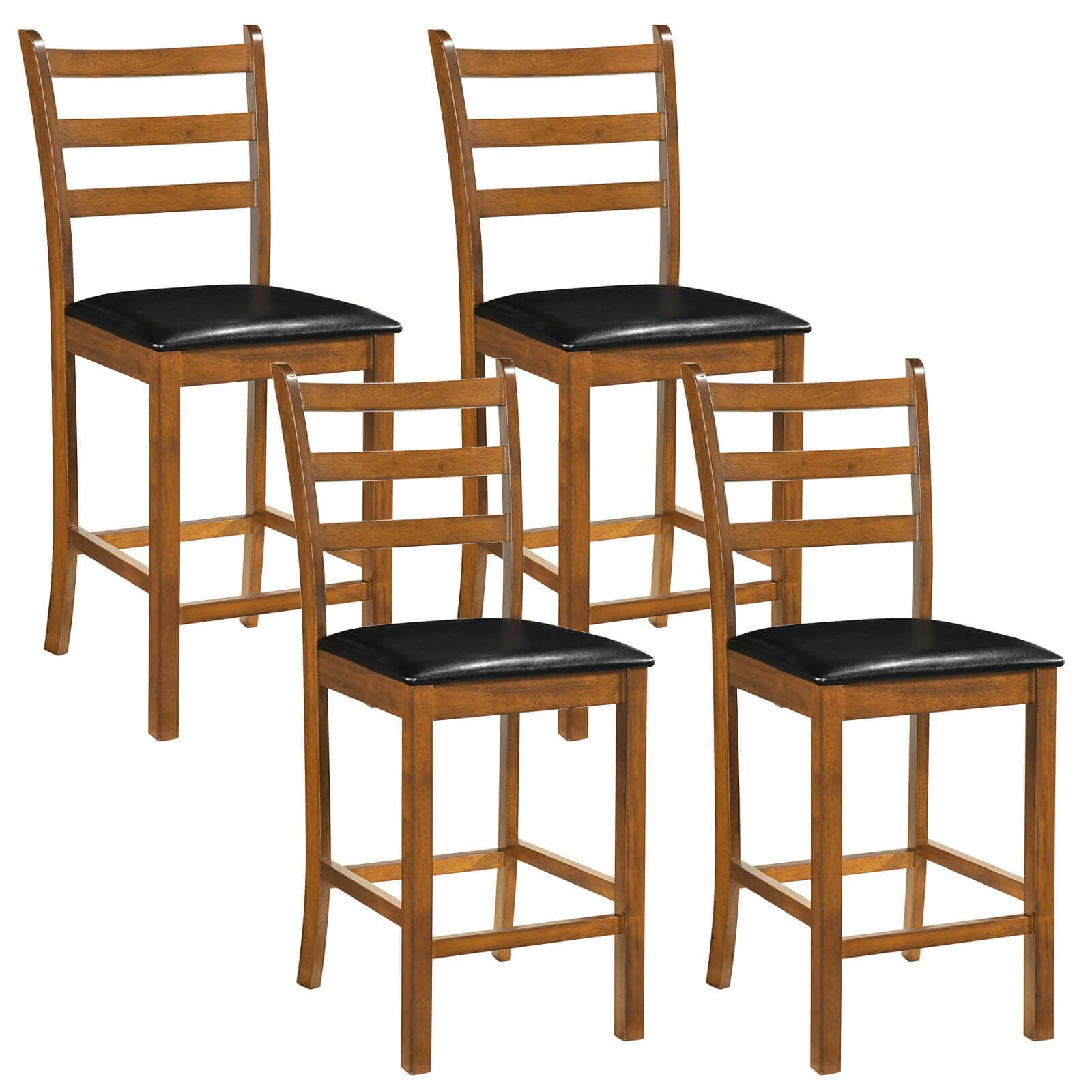 Costway - 24" Rubber Wood Ladder Back Bar Stools Set of 4 with Upholstered Cushioned Seats - Walnut,Black