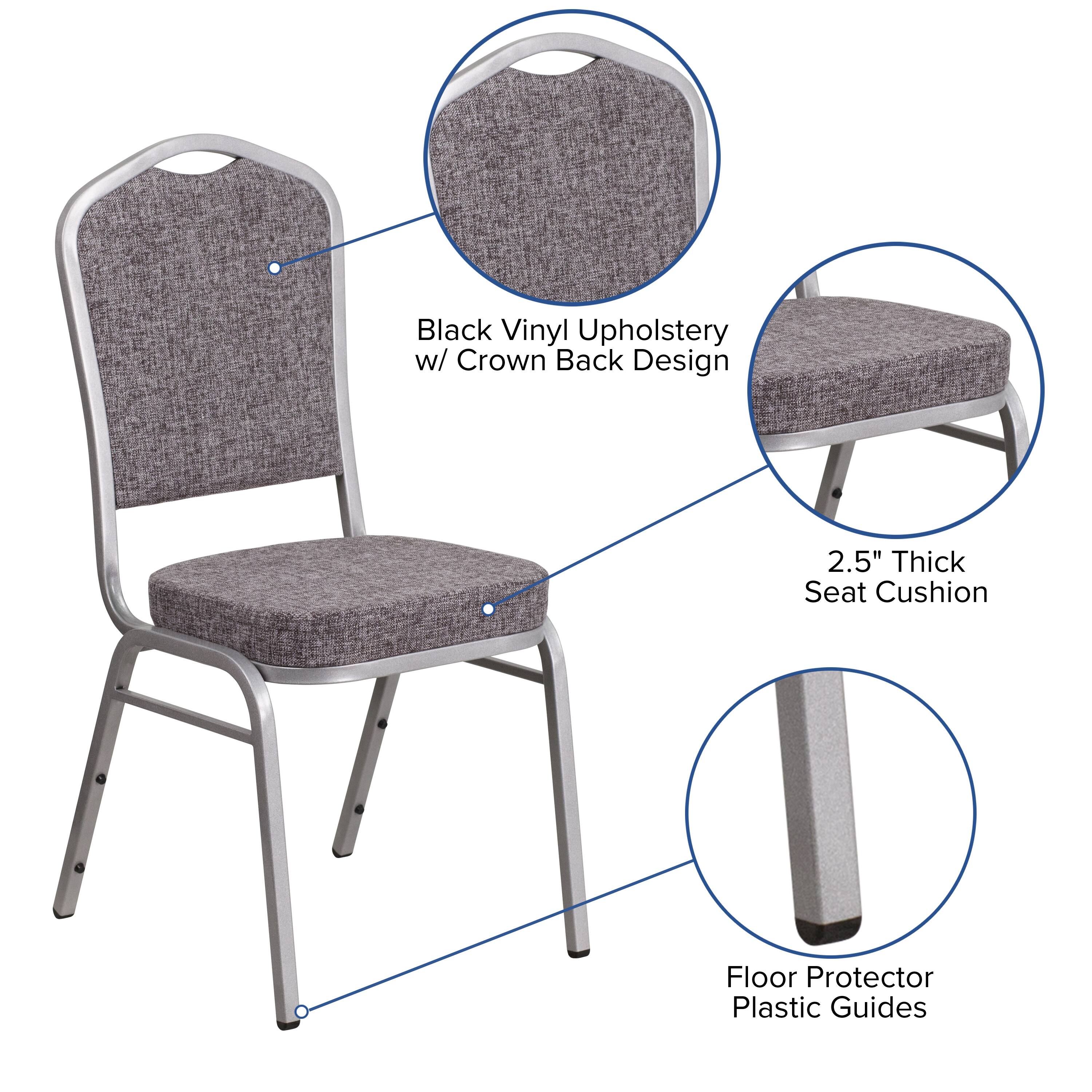 Black Vinyl Upholstery w/ Crown Back Design  
2.5" Thick Seat Cushion  
Floor Protector Plastic Guides