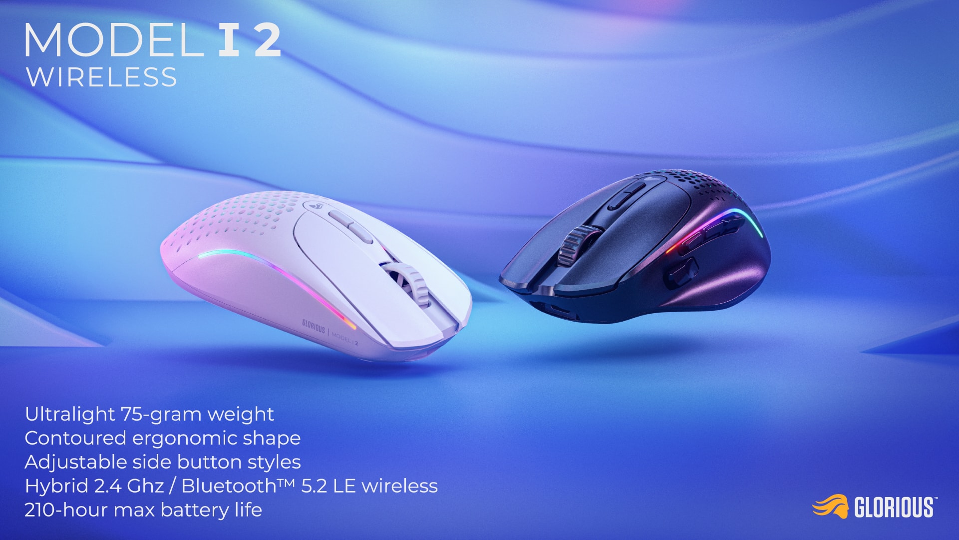 MODEL 12 WIRELESS: Ultra-light 75-gram weight, contoured ergonomic shape, adjustable side button styles, Hybrid 2.4 GHz/ Bluetooth 5.2 LE wireless, 210-hour max battery life.