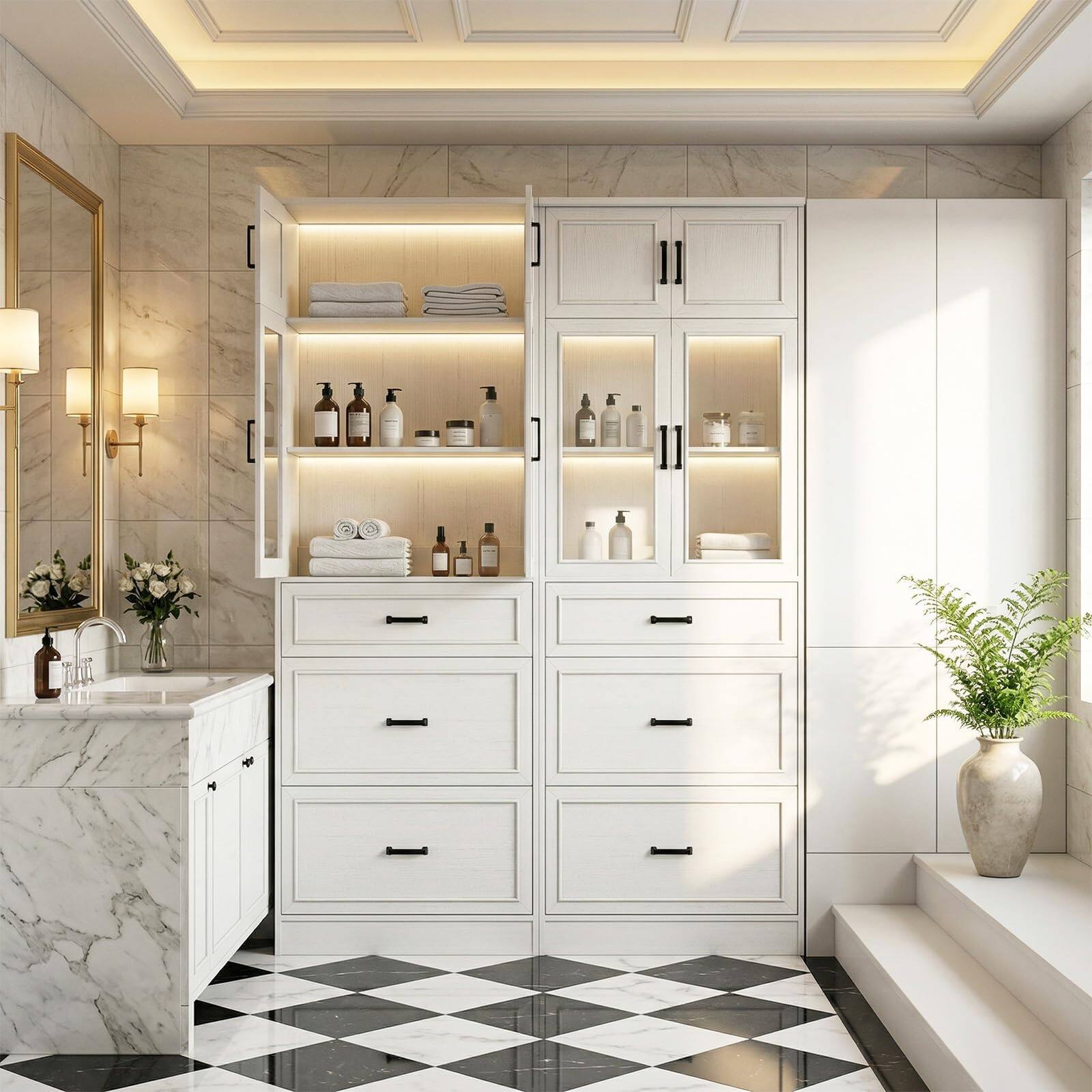 Alt View 3. Aheaplus - 2-Pack 80" White Kitchen Pantry: Glass Doors, Adjustable Shelves & 3 Drawers,Ships in 2 Packages - White.