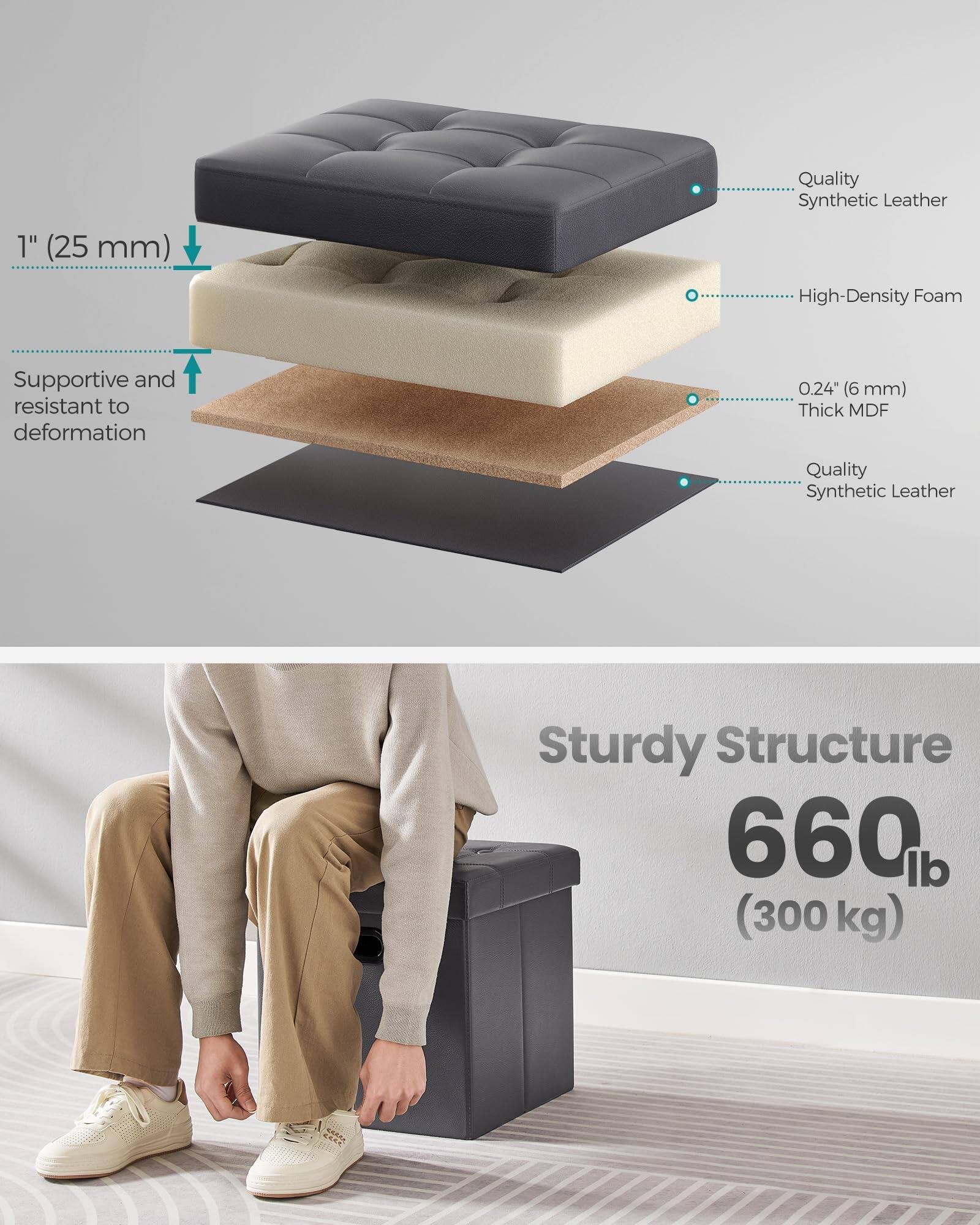 1" (25 mm) Quality Synthetic Leather High-Density Foam Supportive and resistant to deformation 0.24" (6 mm) Thick MDF Quality Synthetic Leather Sturdy Structure 660 lb (300 kg)