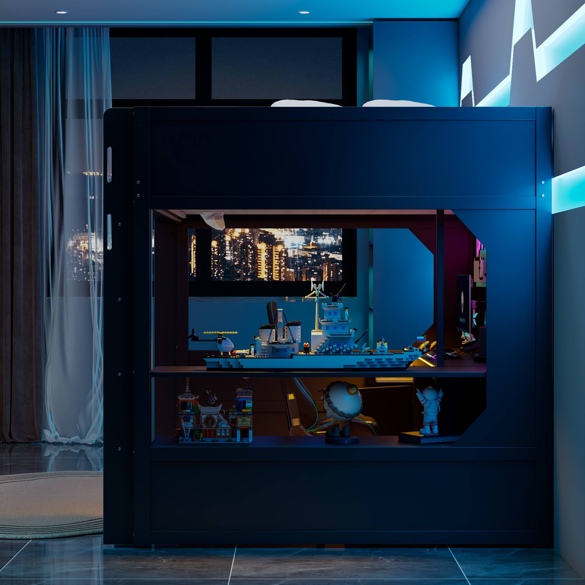 Alt View 2. Anysun - Full Gaming Loft Bed with Integrated Desk & Lights - Wooden Frame, Built-in Charging Station - Blue.