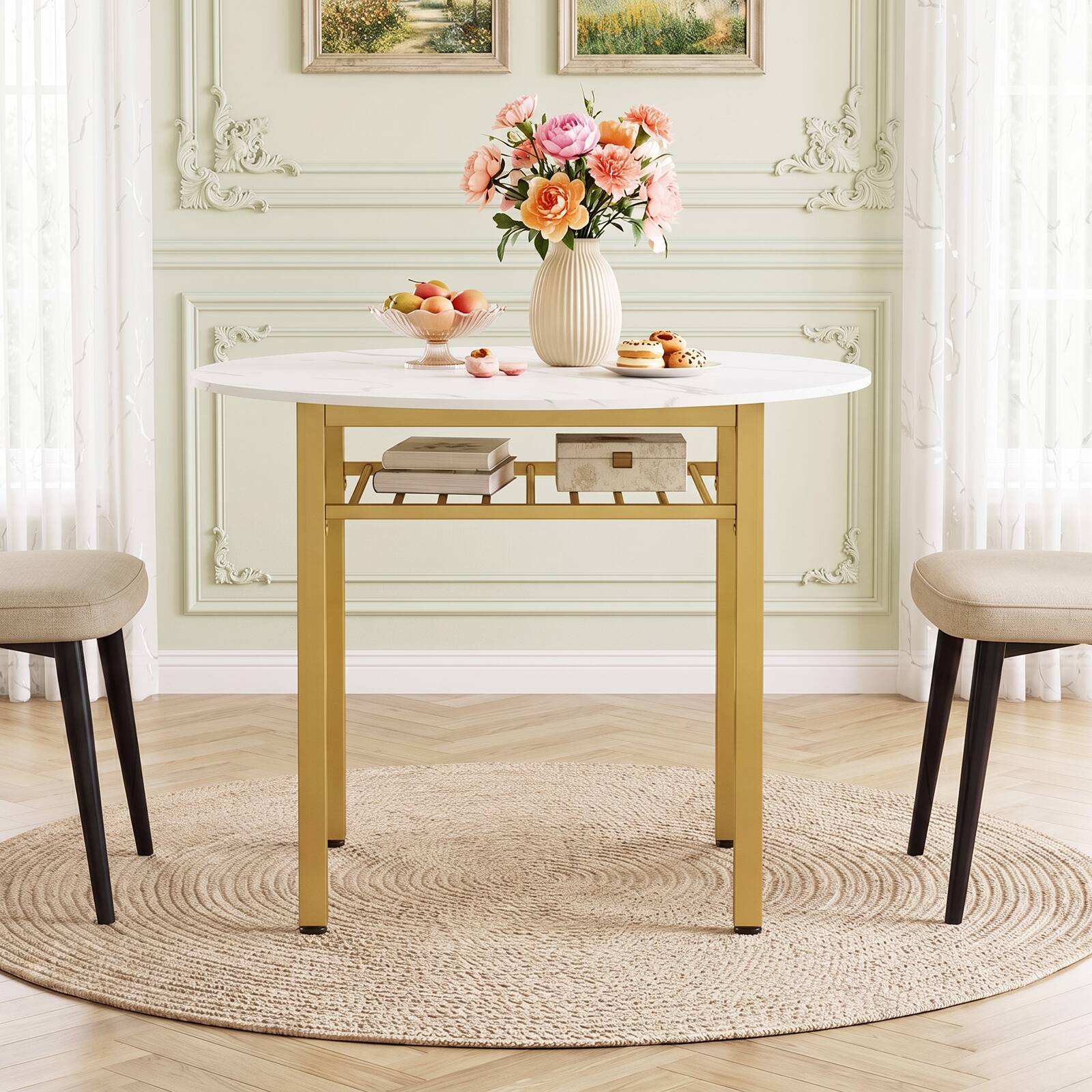 Alt View 1. Costway - Costway Dining Table for 2-4 People,40" Round Kitchen Table with Storage Shelf&Metal Frame - White + Gold.