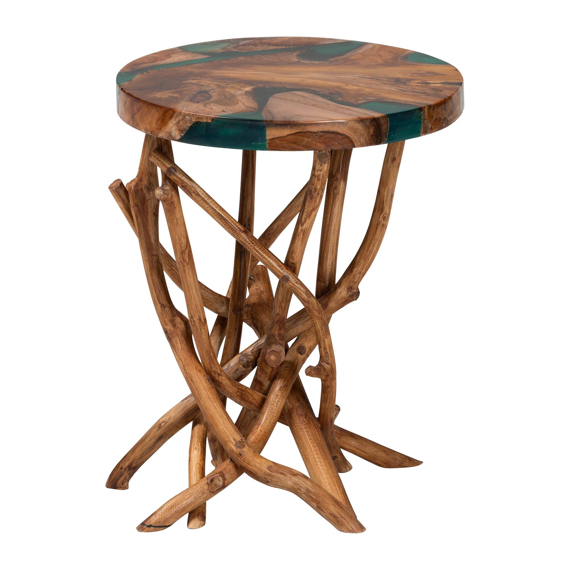 Angle. bali & pari - Amada Teak Wood Epoxy Resin End Table - Round Live Edge Side Table with Branch Legs, Handcrafted Rustic Accent Table - Natural Brown/Green.