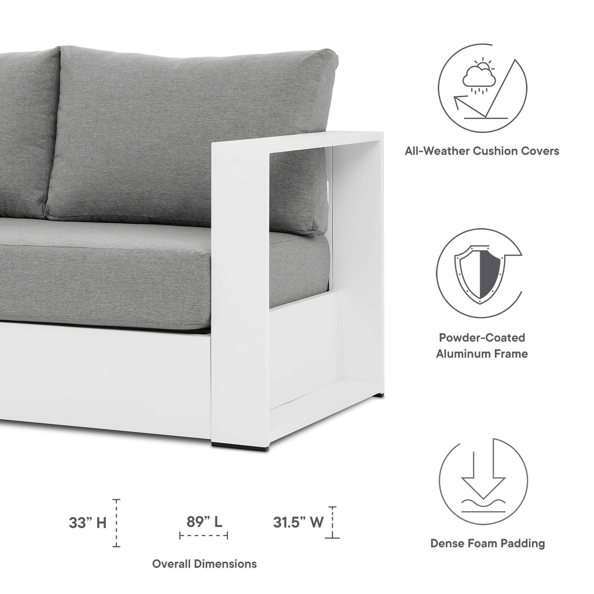 All-Weather Cushion Covers  
Powder-Coated Aluminum Frame  
33" H x 89" L x 31.5" W  
Overall Dimensions  
Dense Foam Padding