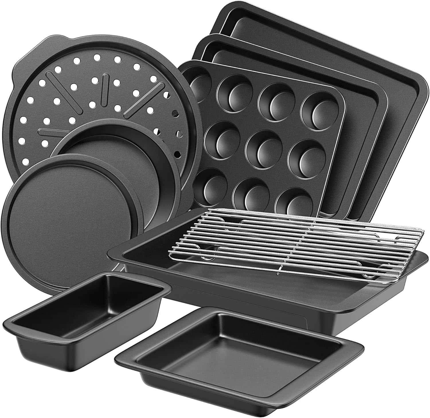 HONGBAKE - 10 Pieces Bakeware Sets Including Rack, Cookie Sheet, Cake Pans, Loaf Pan, Muffin Pan, Pizza Pan - Gray