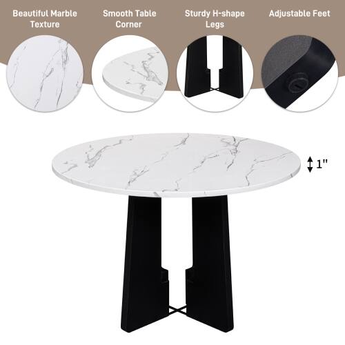 Beautiful Marble Texture, Smooth Table Corner, Sturdy H-shape Legs, Adjustable Feet, 1"
