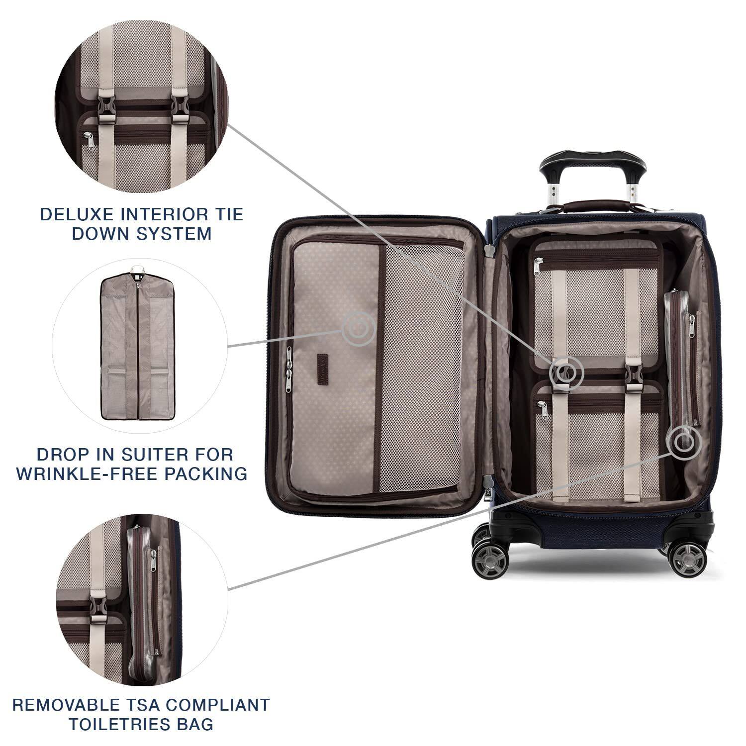 DELUXE INTERIOR TIE DOWN SYSTEM  
DROP IN SUITER FOR WRINKLE-FREE PACKING  
REMOVABLE TSA COMPLIANT TOILETRIES BAG