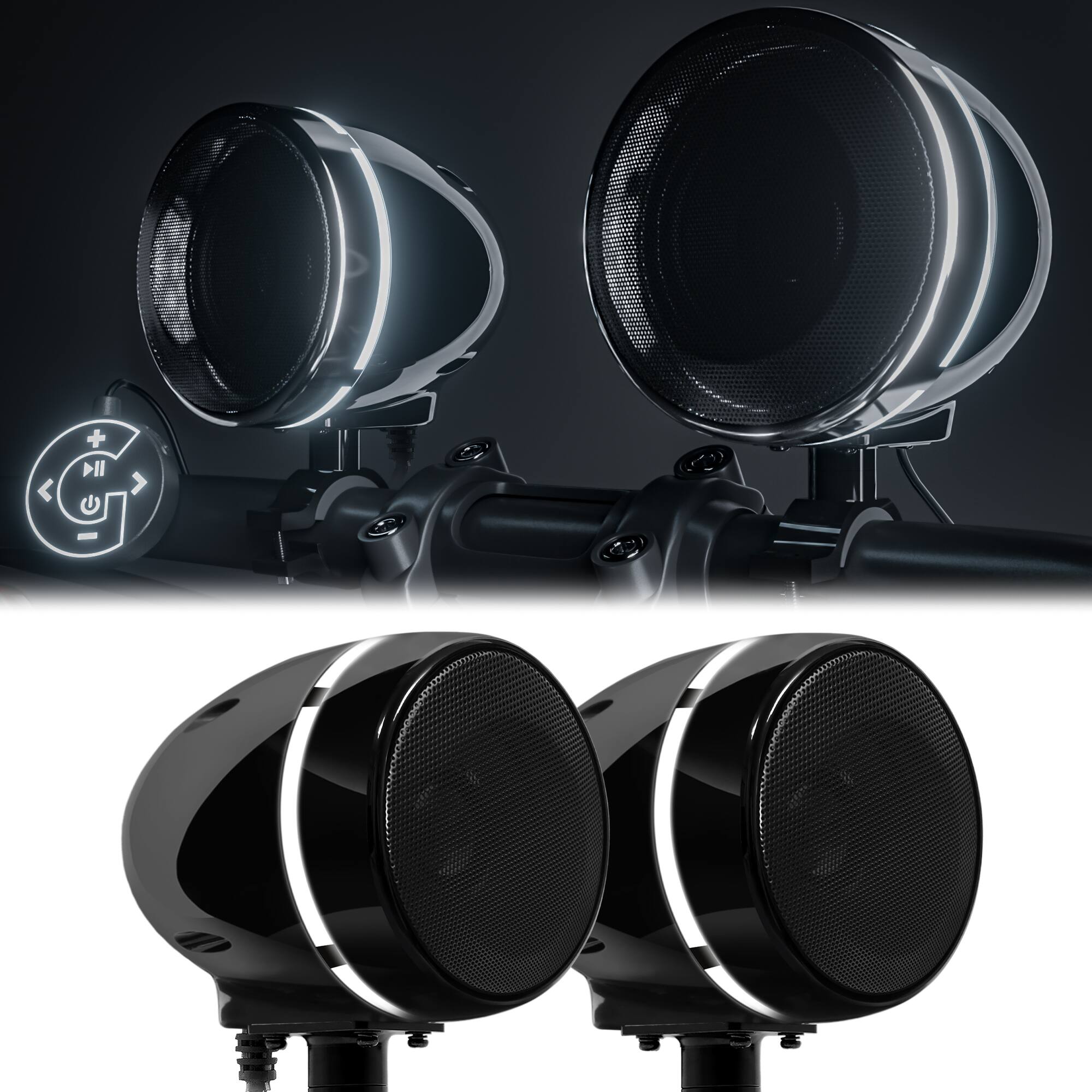 Left. GoHawk - Bluetooth Motorcycle Speakers, 4" Waterproof Stereo Stereo Audio System w/ Built-in Amp, LED Halo, USB for Harley ATV - Black.