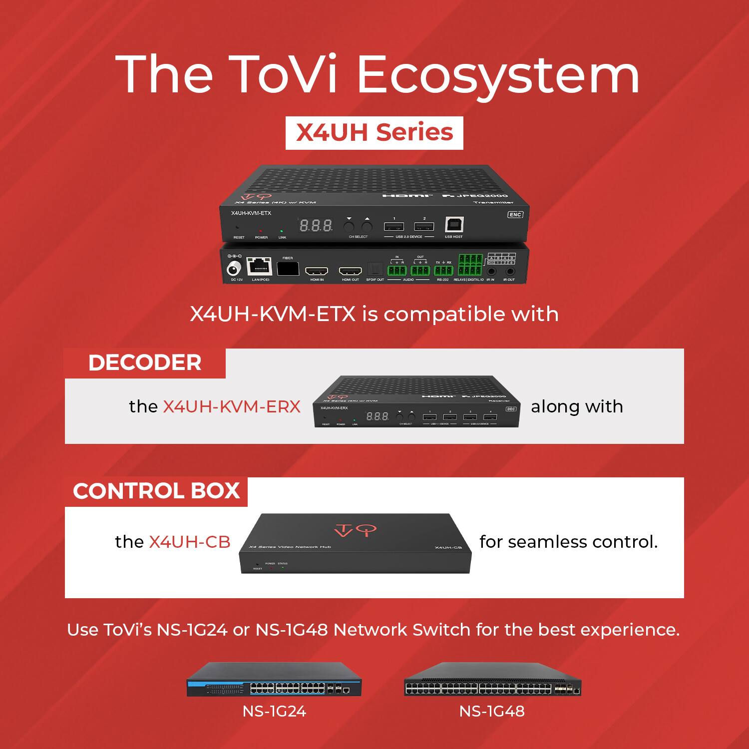 The ToVi Ecosystem  
X4UH Series  

X4UH-KVM-ETX is compatible with  
DECODER the X4UH-KVM-ERX  
along with  
CONTROL BOX the X4UH-CB  
for seamless control.  

Use ToVi's NS-1G24 or NS-1G48 Network Switch for the best experience.  

NS-1G24  
NS-1G48