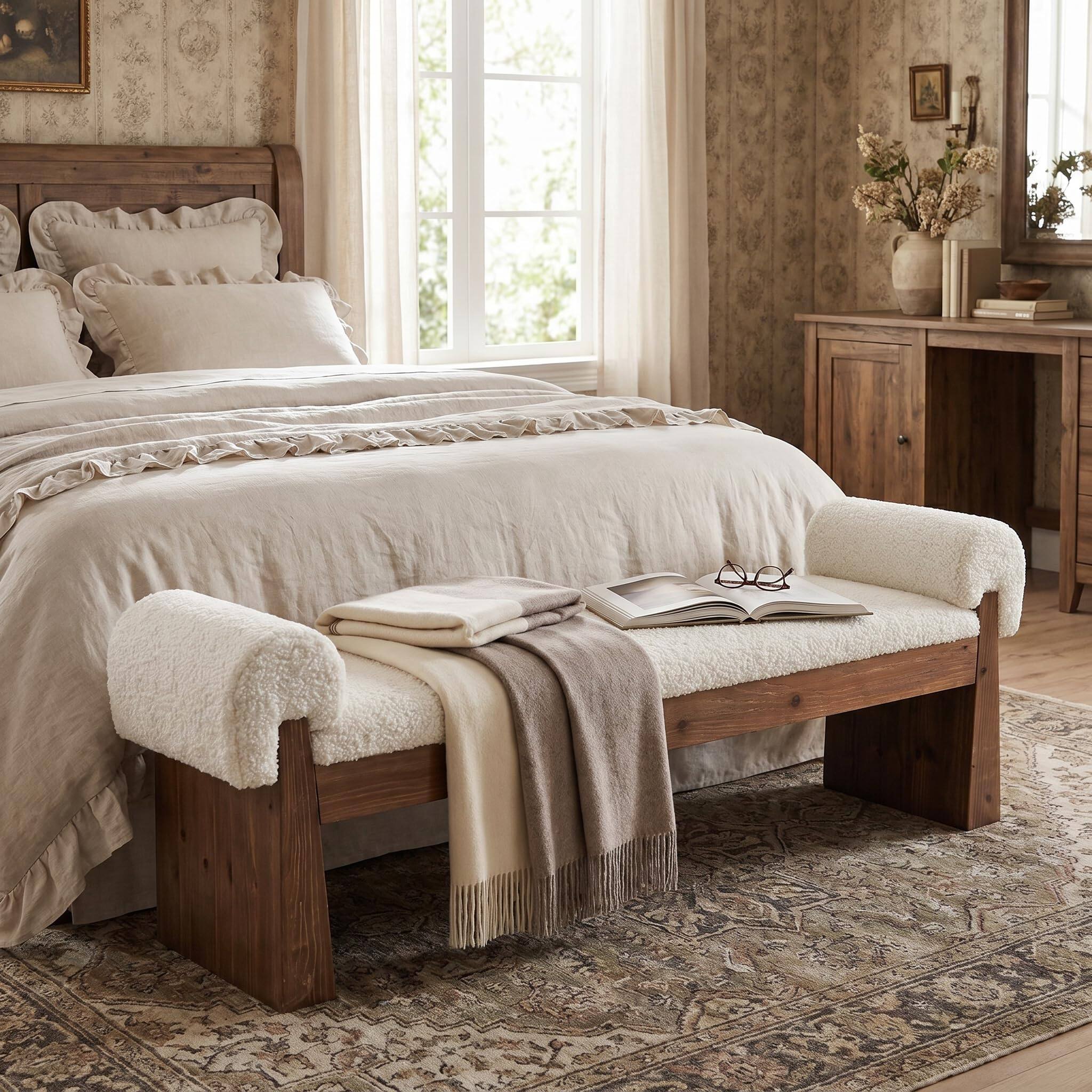 Alt View 4. Tribesigns - Solid Wood Upholstered Entryway Bench with Cushioned Seat - White + Walnut Brown.