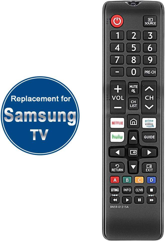 SOURCE 1 2 3 4 5 6 7 8 9 0 PRE-CH  
MUTE VOL CH LIST  
NETFLIX hulu CH GUIDE RETURN EXIT  
A B C D SETTINGS INFO CC/VD  
BN59-01315A