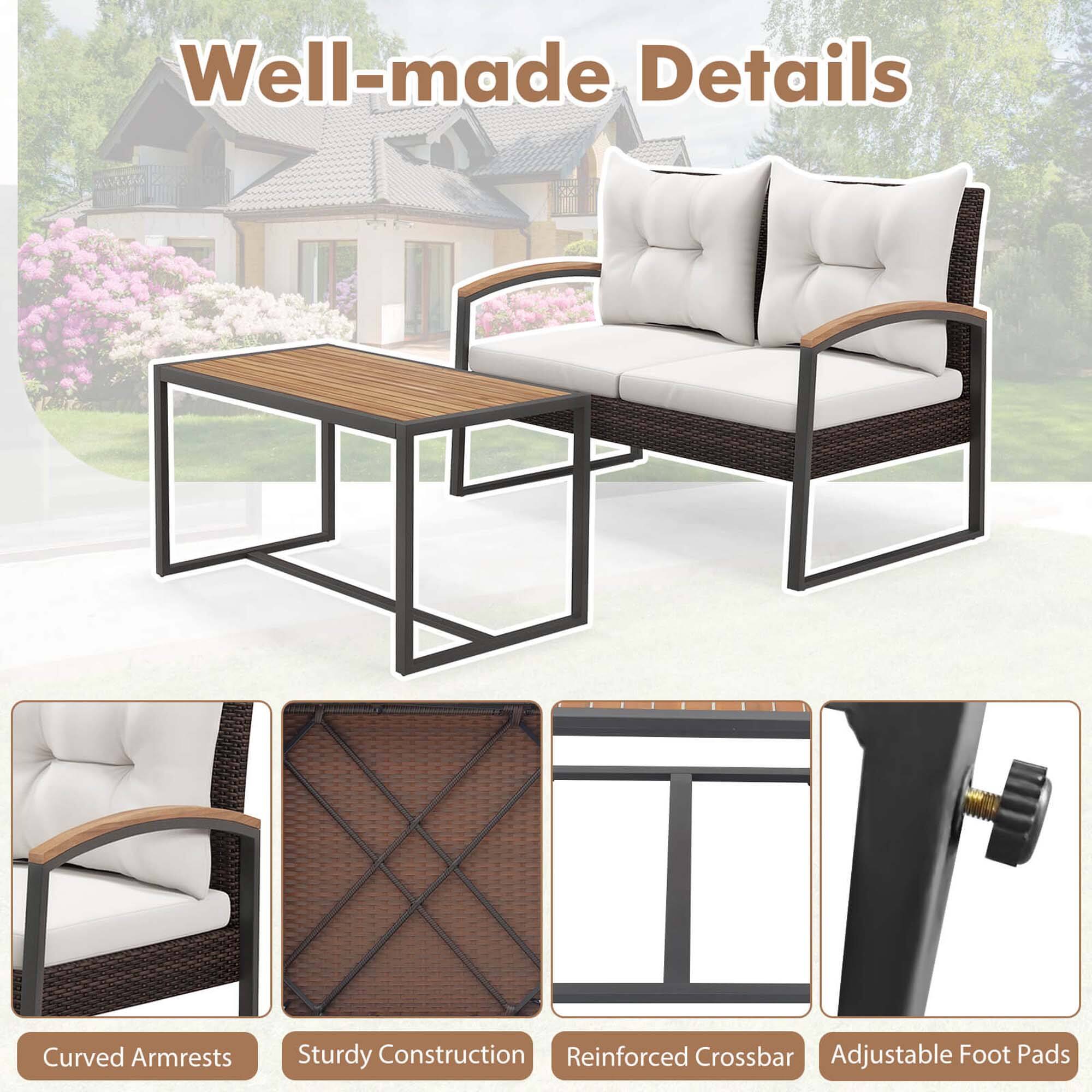 Well-made Details: Curved Armrests, Sturdy Construction, Reinforced Crossbar, Adjustable Foot Pads.