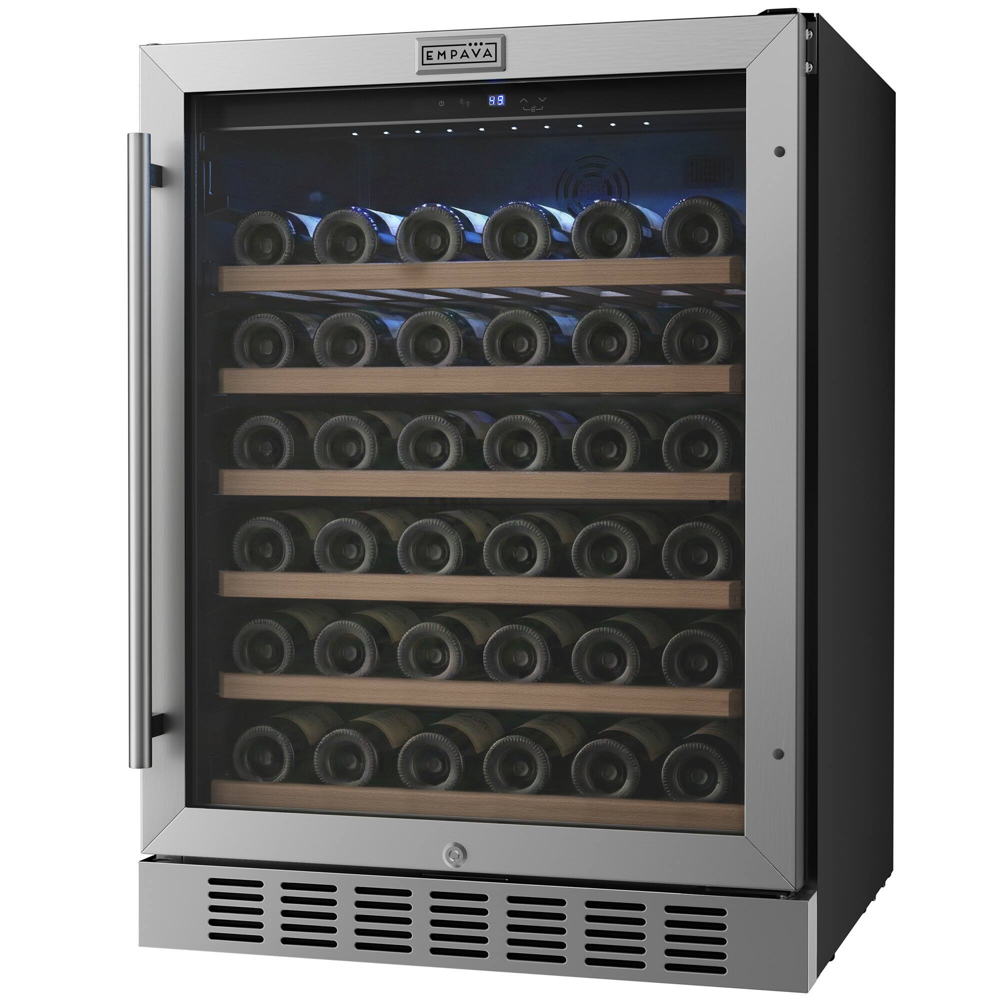 Angle. Empava - 23.43 In. 46-Bottle Wine Cooler With Compressor Cooling, 6 Beech Shelves, Built-In/Freestanding Wine Fridge In Black - Black.