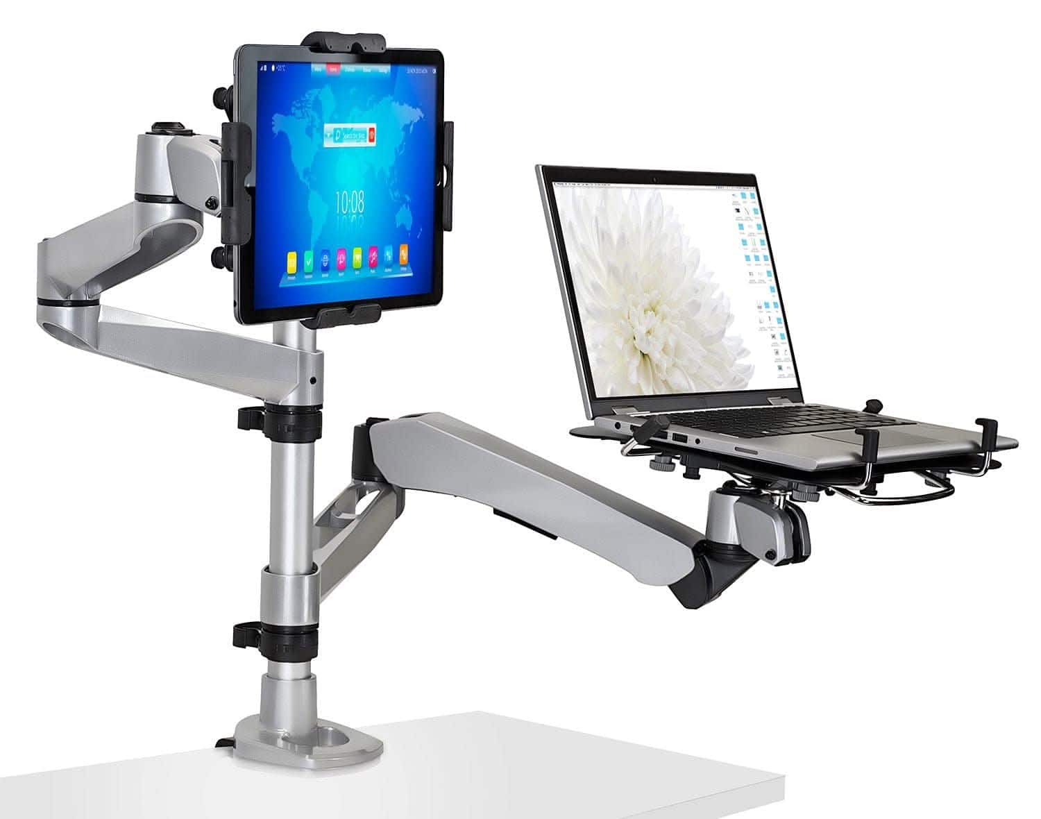 Mount-It! - Full Motion Laptop & Tablet Desk Mount with Adjustable Articulating Arm for Ergonomic Workspace - Silver