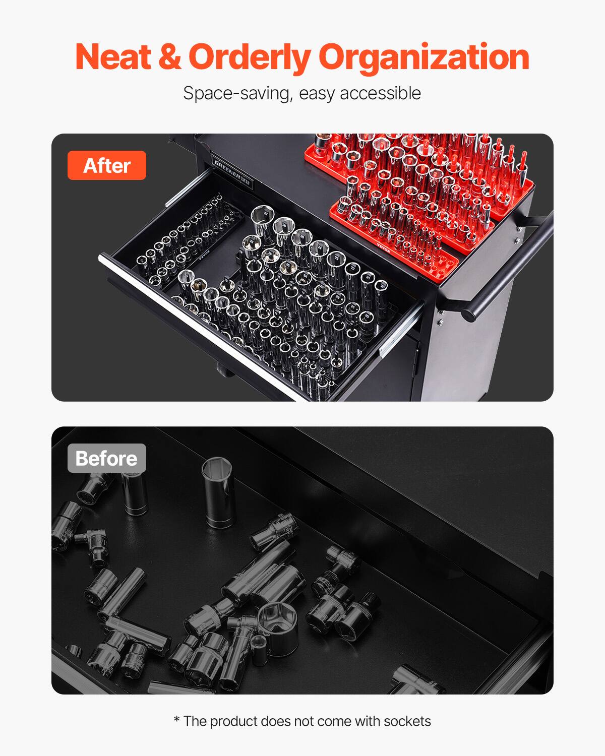 Neat & Orderly Organization  
Space-saving, easy accessible  

After  

Before  

*The product does not come with sockets