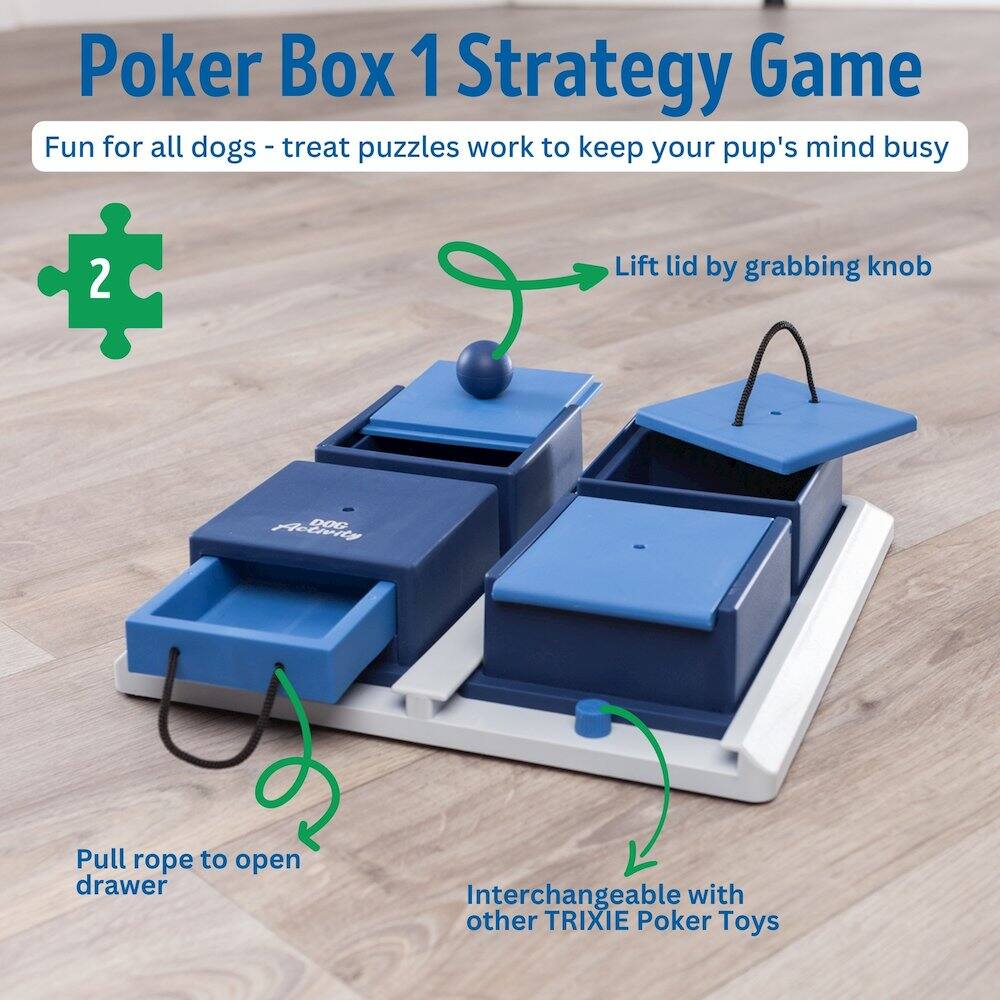 Poker Box 1 Strategy Game  
Fun for all dogs - treat puzzles work to keep your pup's mind busy  

1. Lift lid by grabbing knob  
2. Pull rope to open drawer  
3. Interchangeable with other TRIXIE Poker Toys