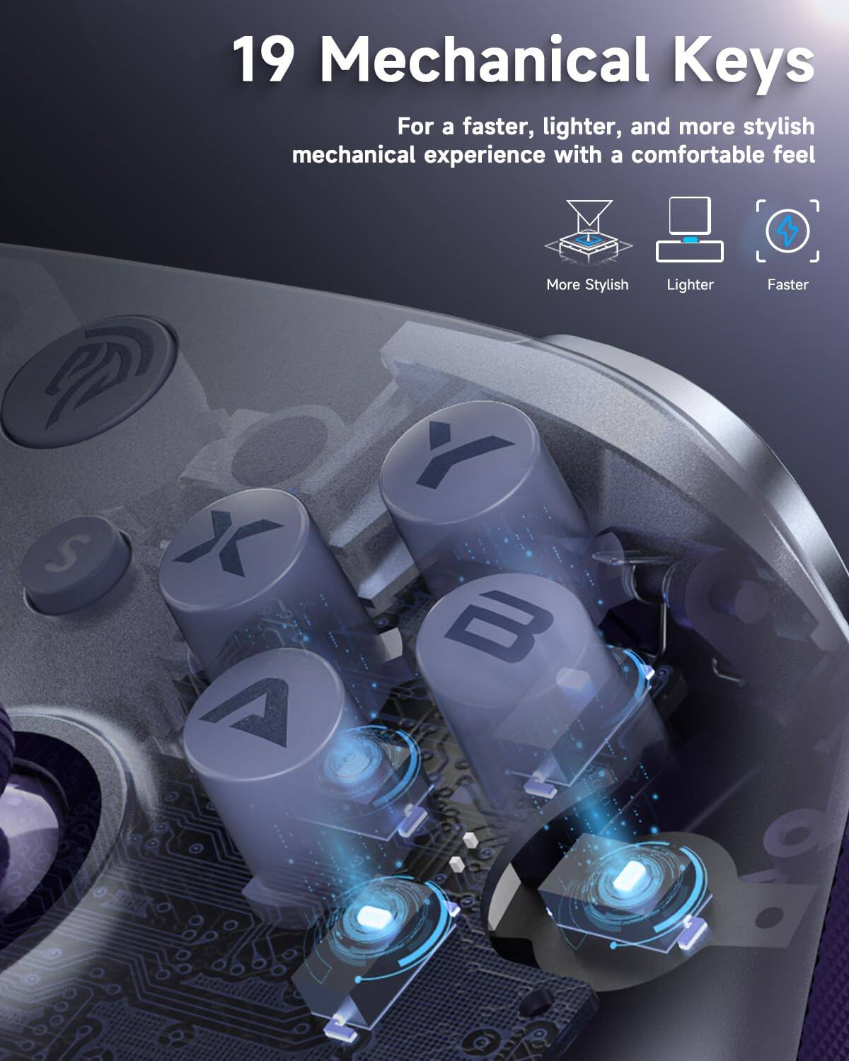 19 Mechanical Keys  
For a faster, lighter, and more stylish mechanical experience with a comfortable feel  

More Stylish  
Lighter  
Faster  

S X A Y B
