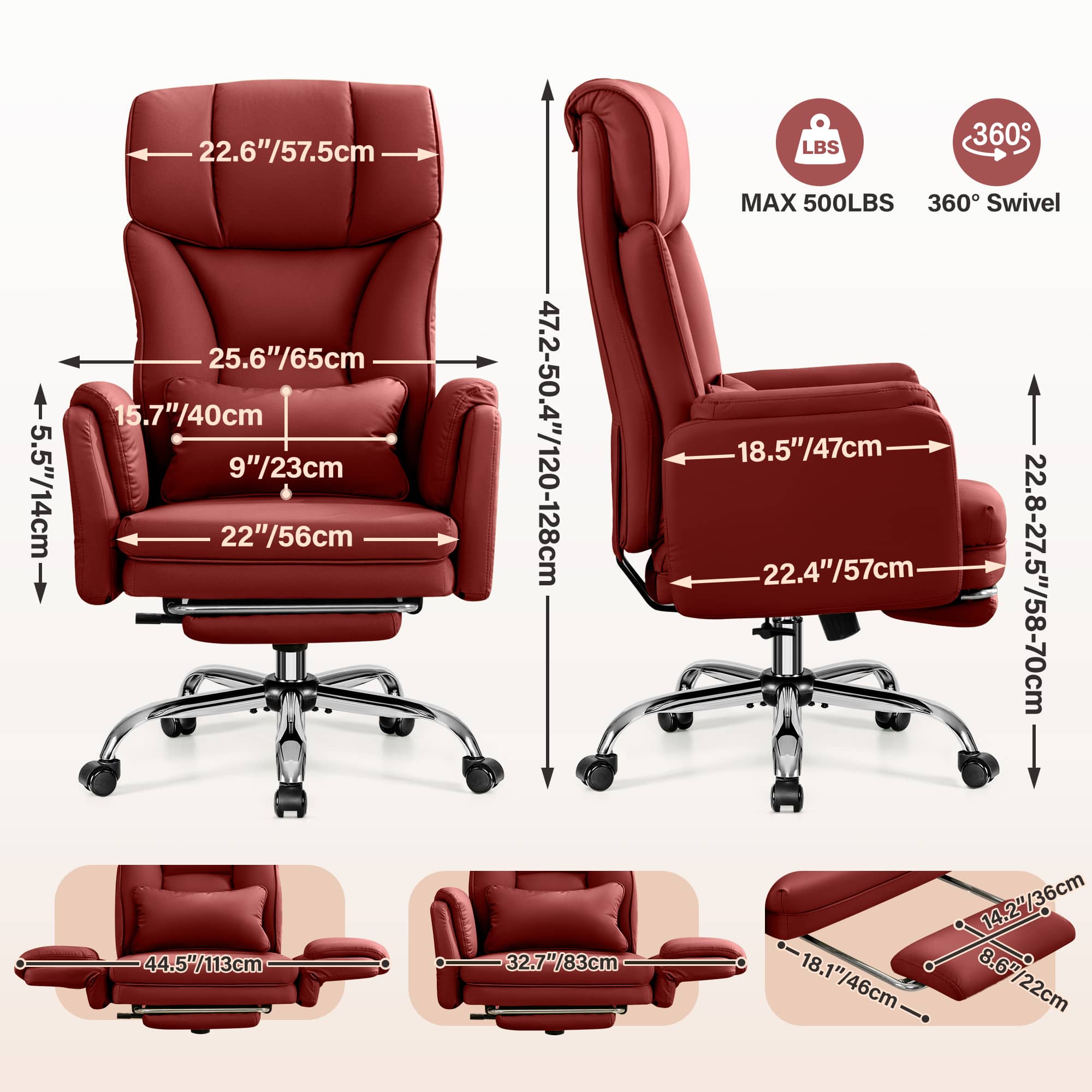 - 5.5"/14cm
- 22.6"/57.5cm
- 25.6"/65cm
- 15.7"/40cm
- 9"/23cm
- 22"/56cm
- 44.5"/113cm
- 47.2-50.4"/120-128cm
- 32.7"/83cm
- LBS MAX 500LBS
- 360° Swivel
- 18.5"/47cm
- 22.4"/57cm
- 22.8-27.5"/58-70cm
- 14.1"/36cm
- 18.1"/46cm
- 8.6"/22cm
- 22cm