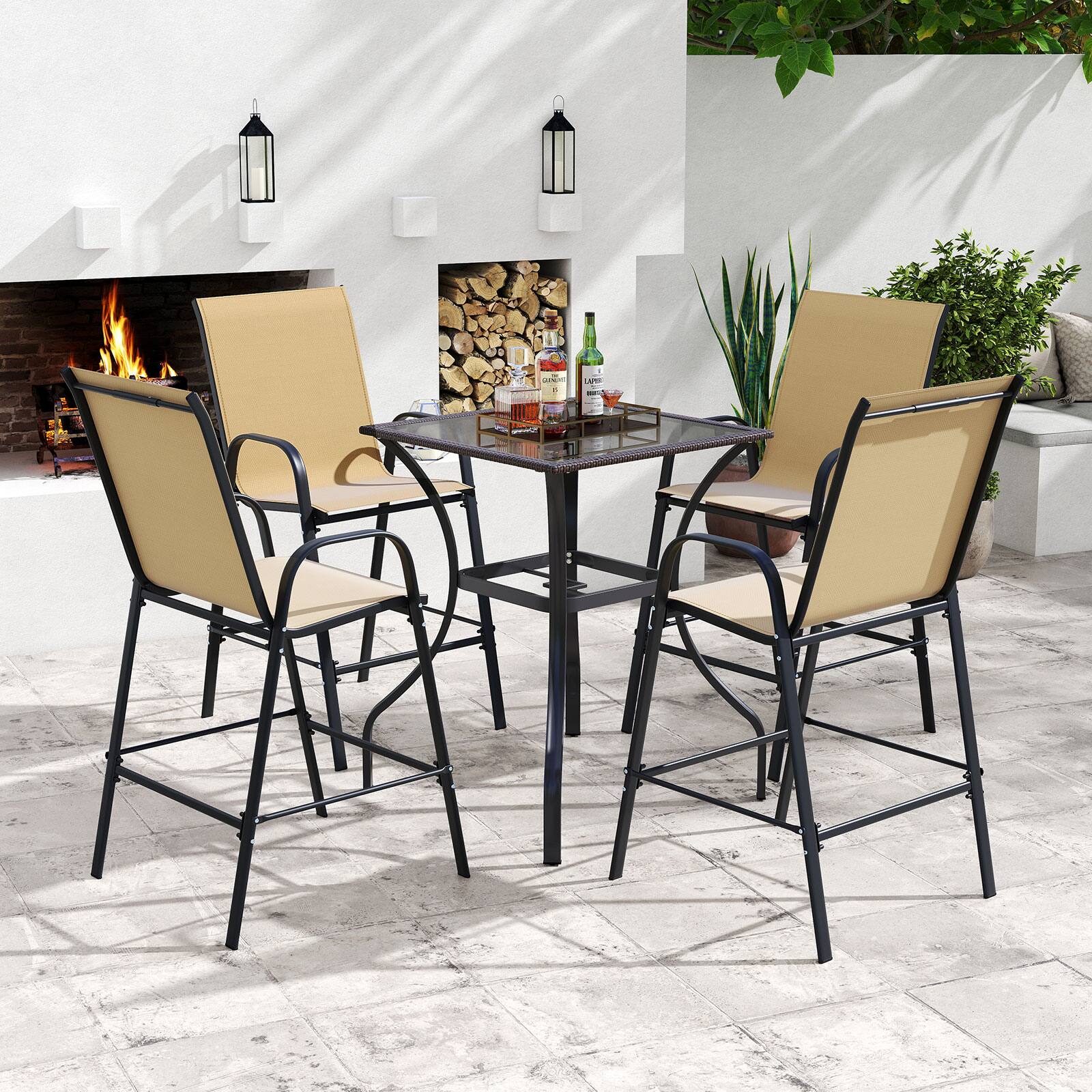 Alt View 7. Gymax - Gymax 4PCS Outdoor Bar Stools 29'' Fabric Bar Height Stools w/ Armrests & Footrest Beige - Beige.