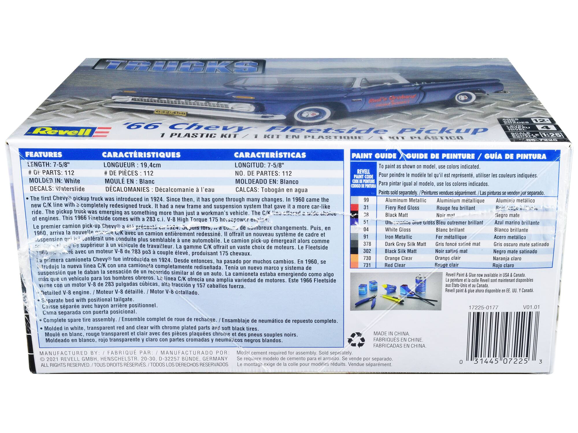 **Features:**
- Length: 7-5/8"
- # of Parts: 112
- Molded in: White
- Decals: Waterslide

**Caractéristiques:**
- Longueur: 19,4cm
- # de pièces: 112
- Moulé en: Blanc
- Décals: Décalcomanie à l'eau

**Características:**
- Longitud: 7-5/8"
- No. de partes: 112
- Moldeado en: Blanco
- Calcas: Tobogán en agua

**Paint Guide:**
- Use the colors indicated to paint the model as shown on the model, use the colors indicated.
- Peindre le modèle tel qu'il est représenté, utiliser les couleurs indiquées.
- Pinte el modelo tal como se muestra en el modelo, use los colores indicados.

**Text on the Box:**
- The first Chevy® pickup truck was introduced in 1934. Since then, it has gone through many changes. In 1960 came the new C/K line with a completely redesigned truck. It had a new frame