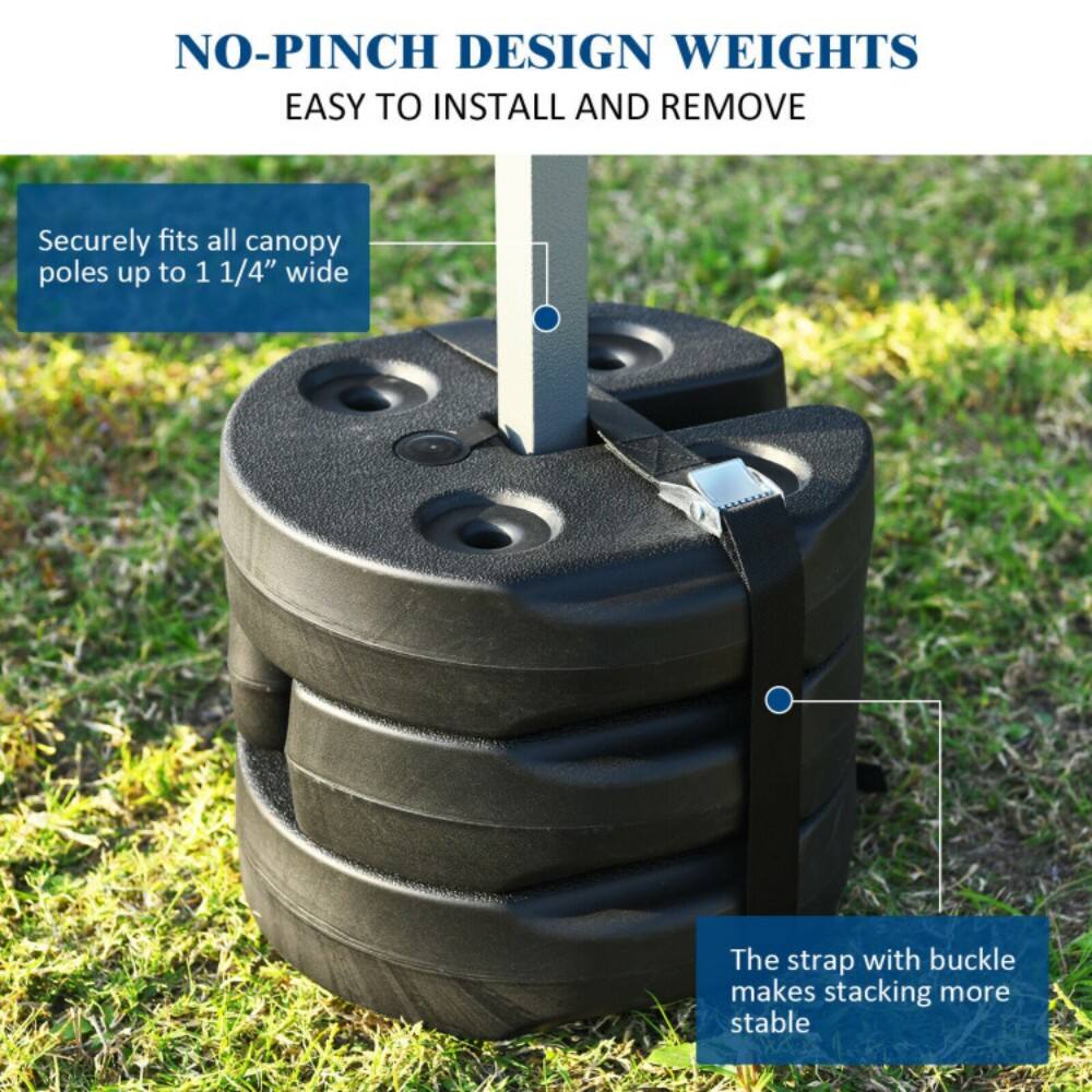 NO-PINCH DESIGN WEIGHTS  
EASY TO INSTALL AND REMOVE  

Securely fits all canopy poles up to 1 1/4" wide  

The strap with buckle makes stacking more stable