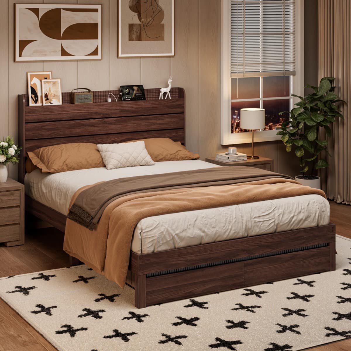 Furnulem - Modern Bed Frame with Storage Wood Headboard 2 Drawers Charging Station USB and Type-C No Box Spring Needed - Walnut