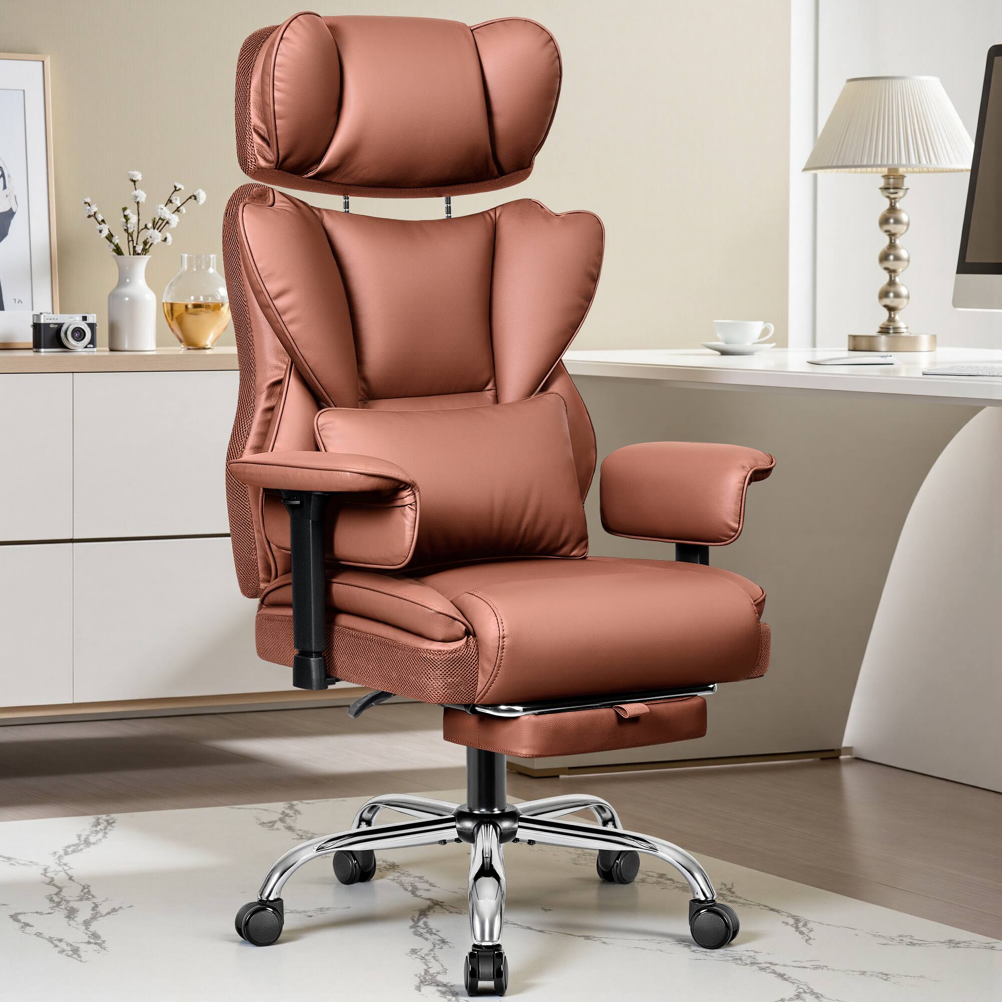 Alt View 5. KERDOM - Ergonomic Executive Chair with Footrest, Lifting Armrest & Headrest Adjustable, Home Office Reclining PU Leather Chair - Brown.
