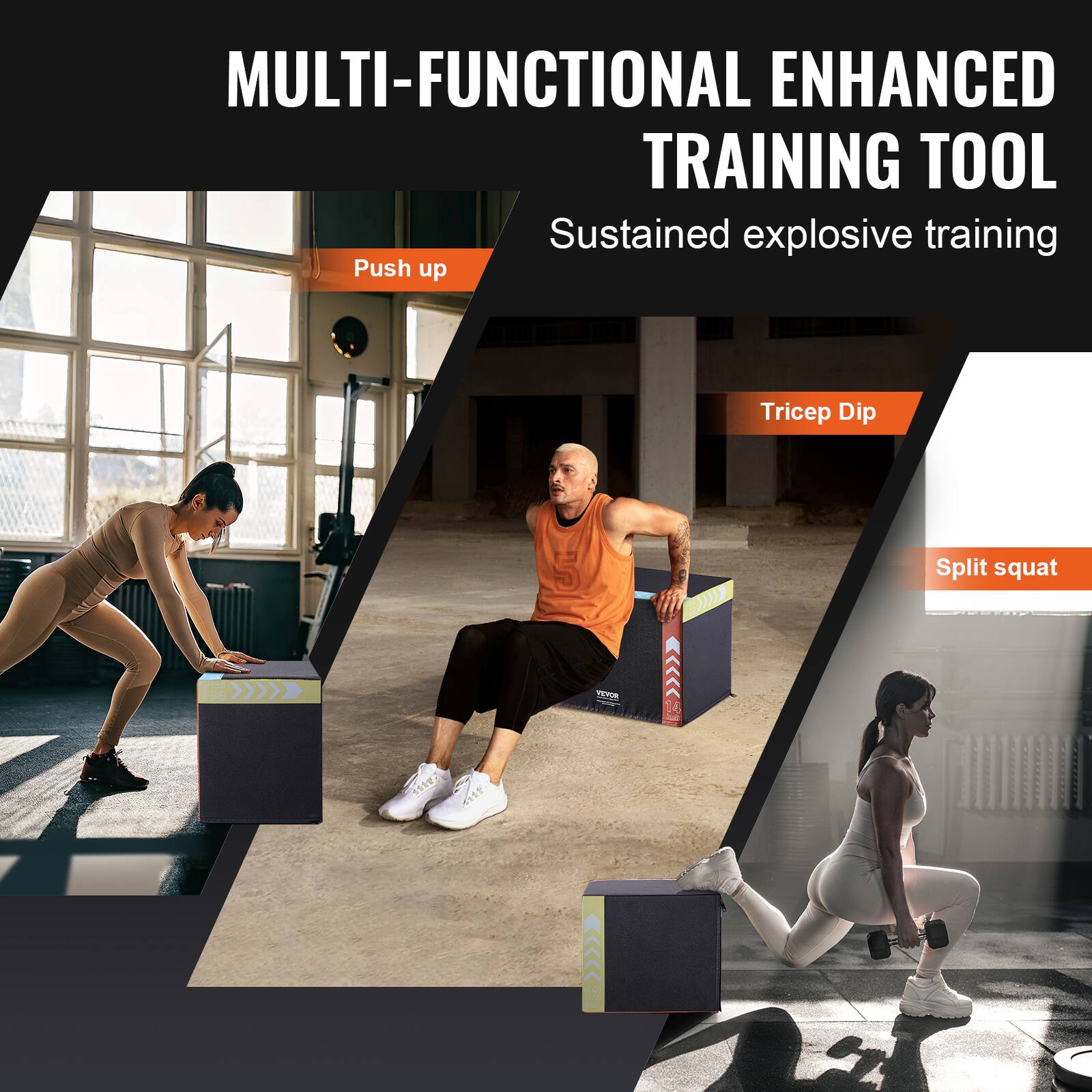 The text on the image can be grouped and corrected as follows:

**Title:**
- MULTI-FUNCTIONAL ENHANCED TRAINING TOOL

**Subtitle:**
- Sustained explosive training

**Exercises:**
- Push up
- Tricep Dip
- Split squat

**Additional Information:**
- POS 14 12