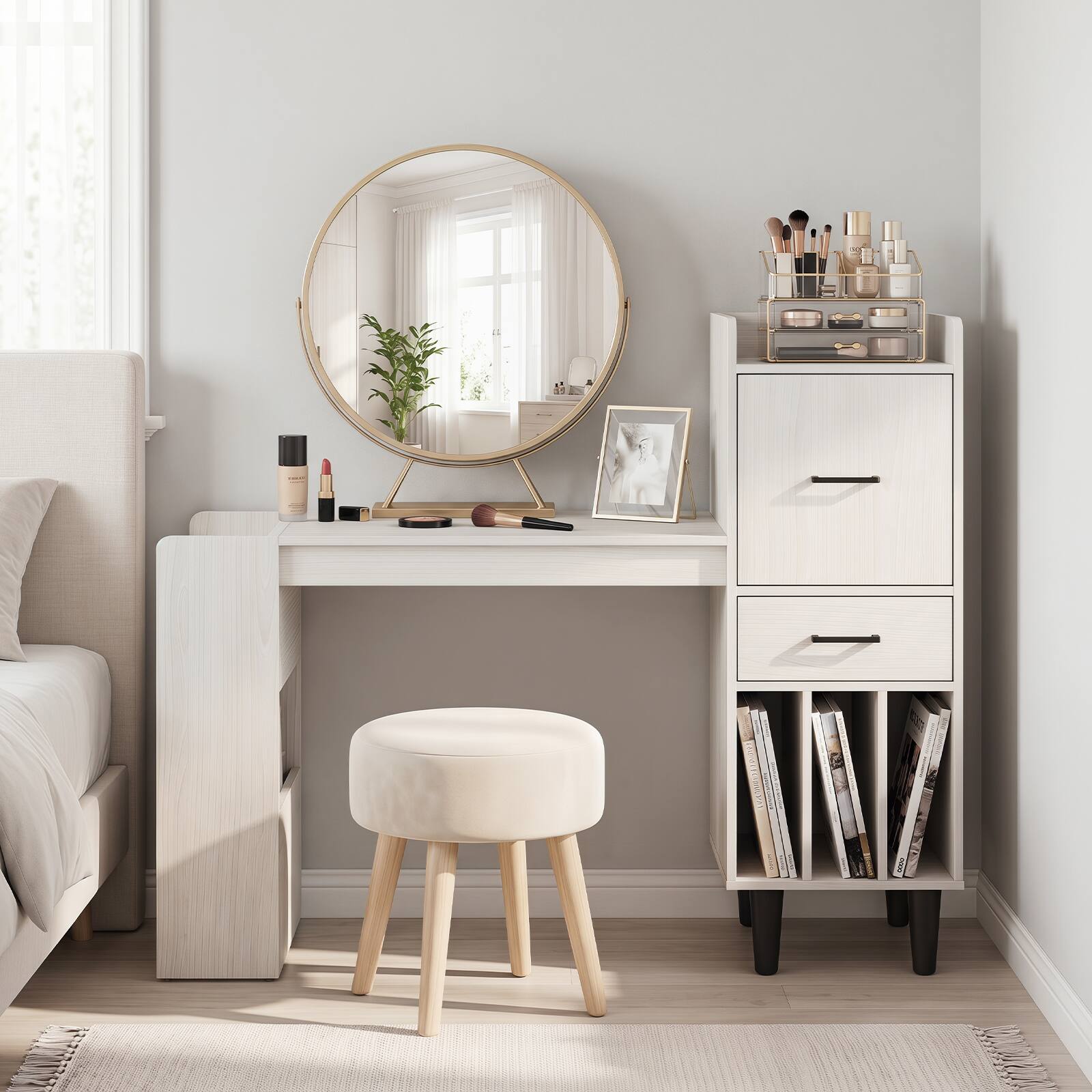 Alt View 4. Costway - Costway 59" Home Office Desk with Side Storage Shelves, Drawer, Cabinets, Vertical Cubbies - White Oak.